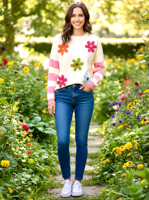 BiBi Colorful Floral Patched Sweater with Striped Sleeve