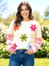 BiBi Colorful Floral Patched Sweater with Striped Sleeve