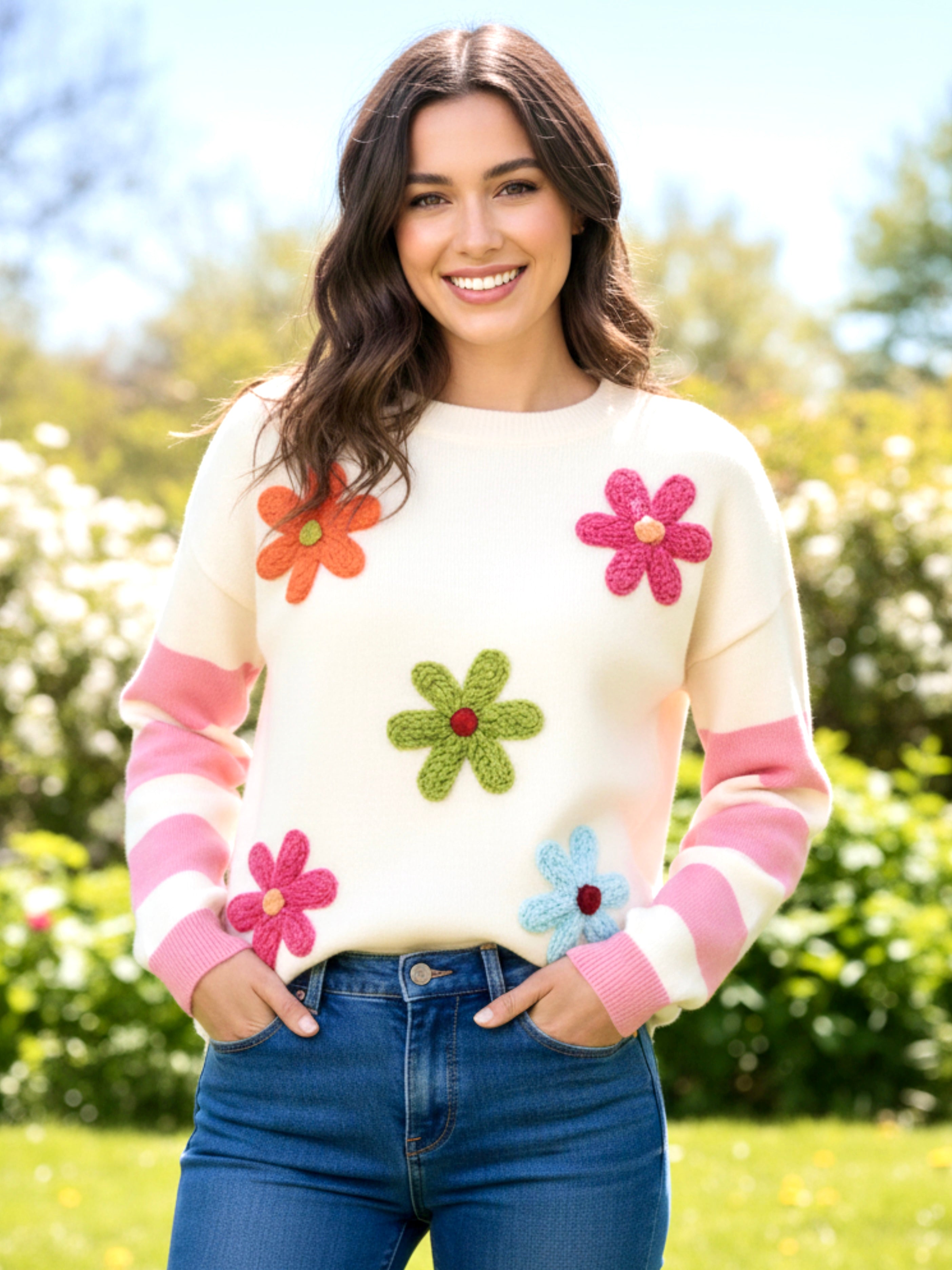 BiBi Colorful Floral Patched Sweater with Striped Sleeve