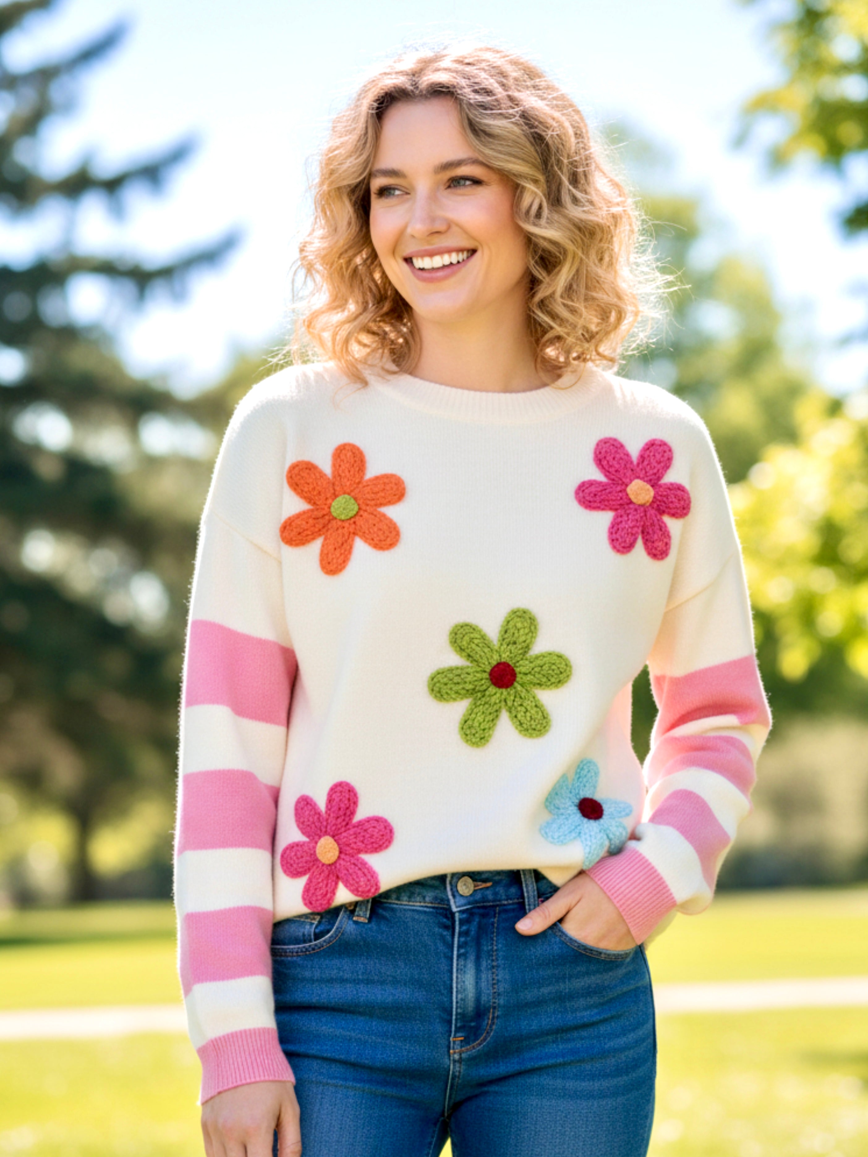 BiBi Colorful Floral Patched Sweater with Striped Sleeve