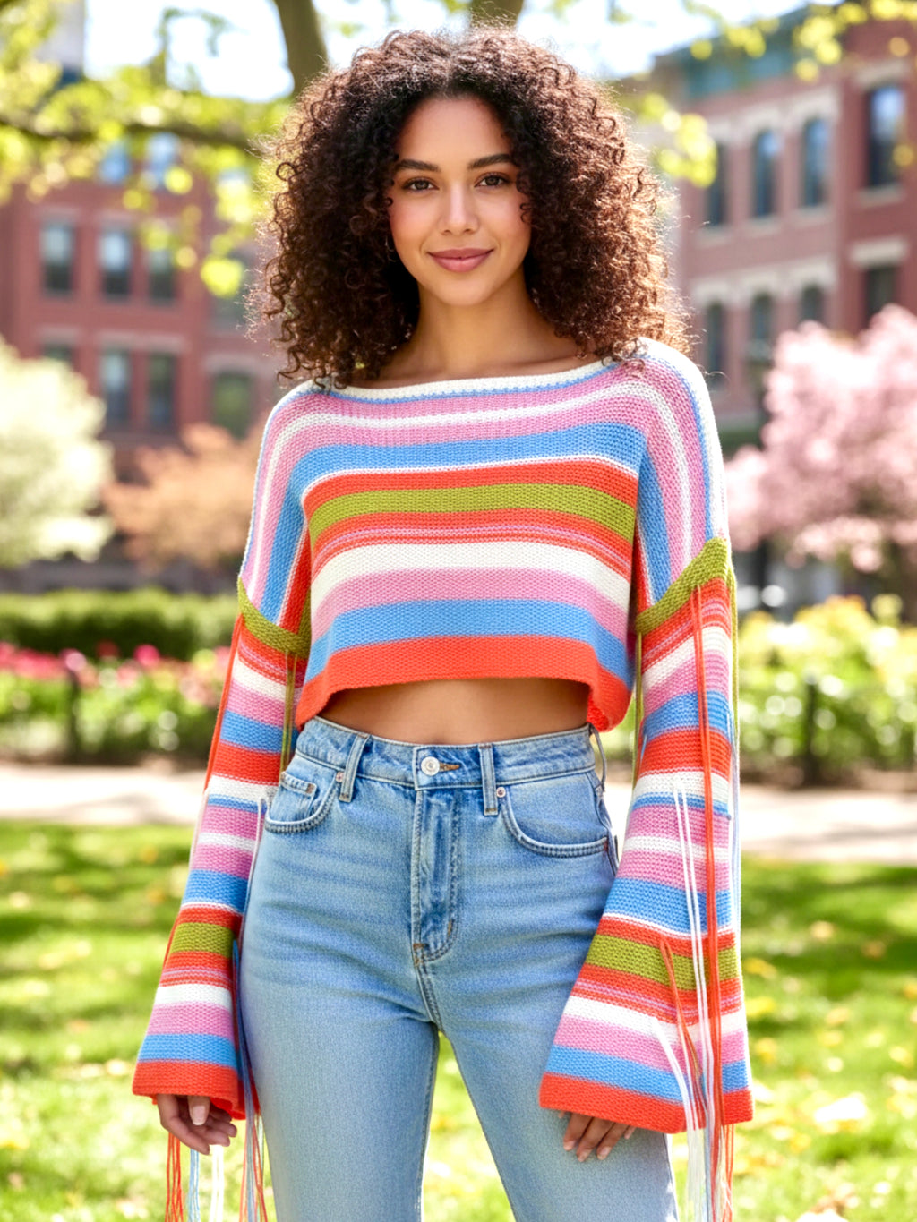 Fringe Striped Long Sleeve Crop Sweater