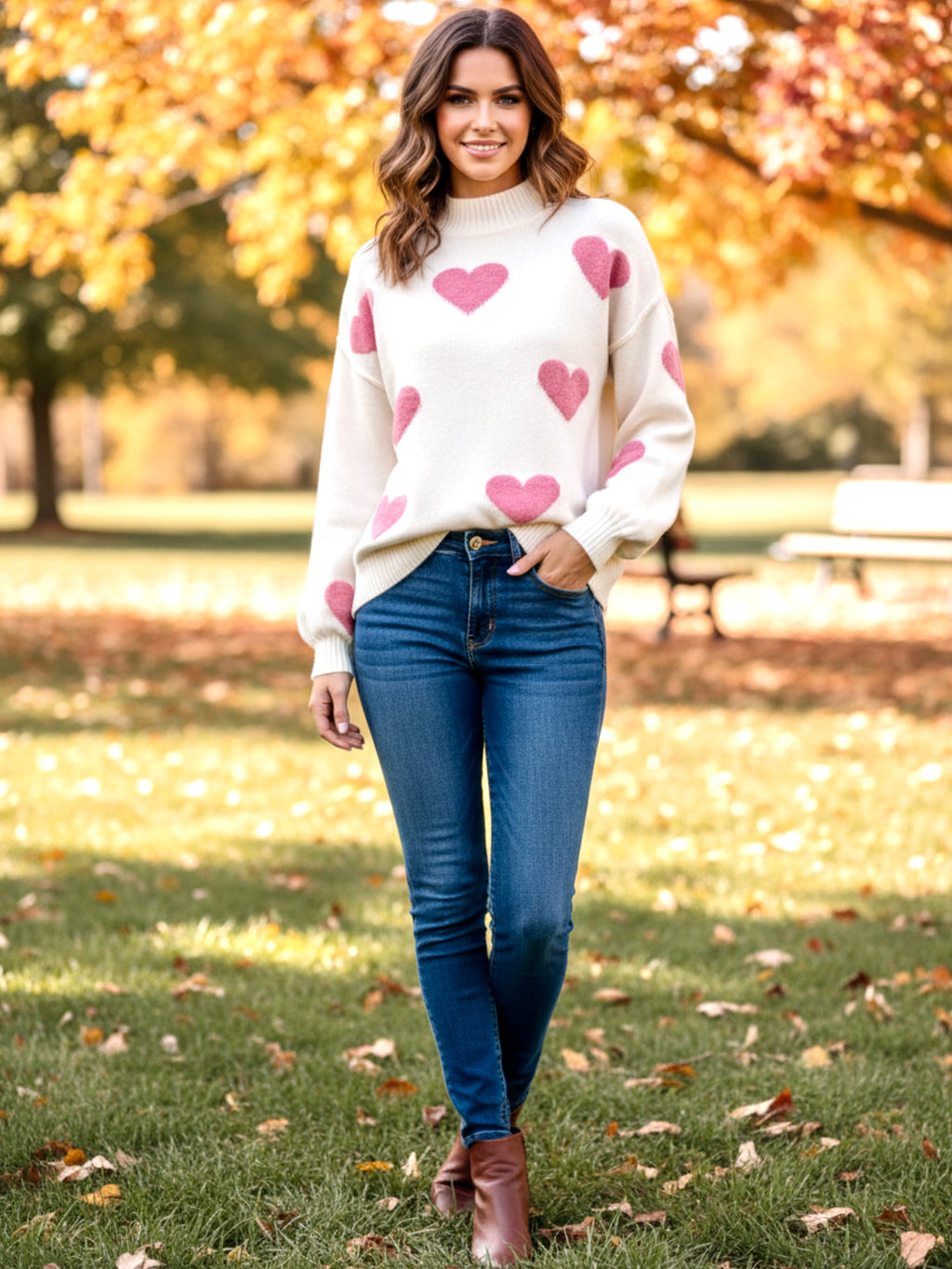 Heart Mock Neck Long Sleeve Sweater