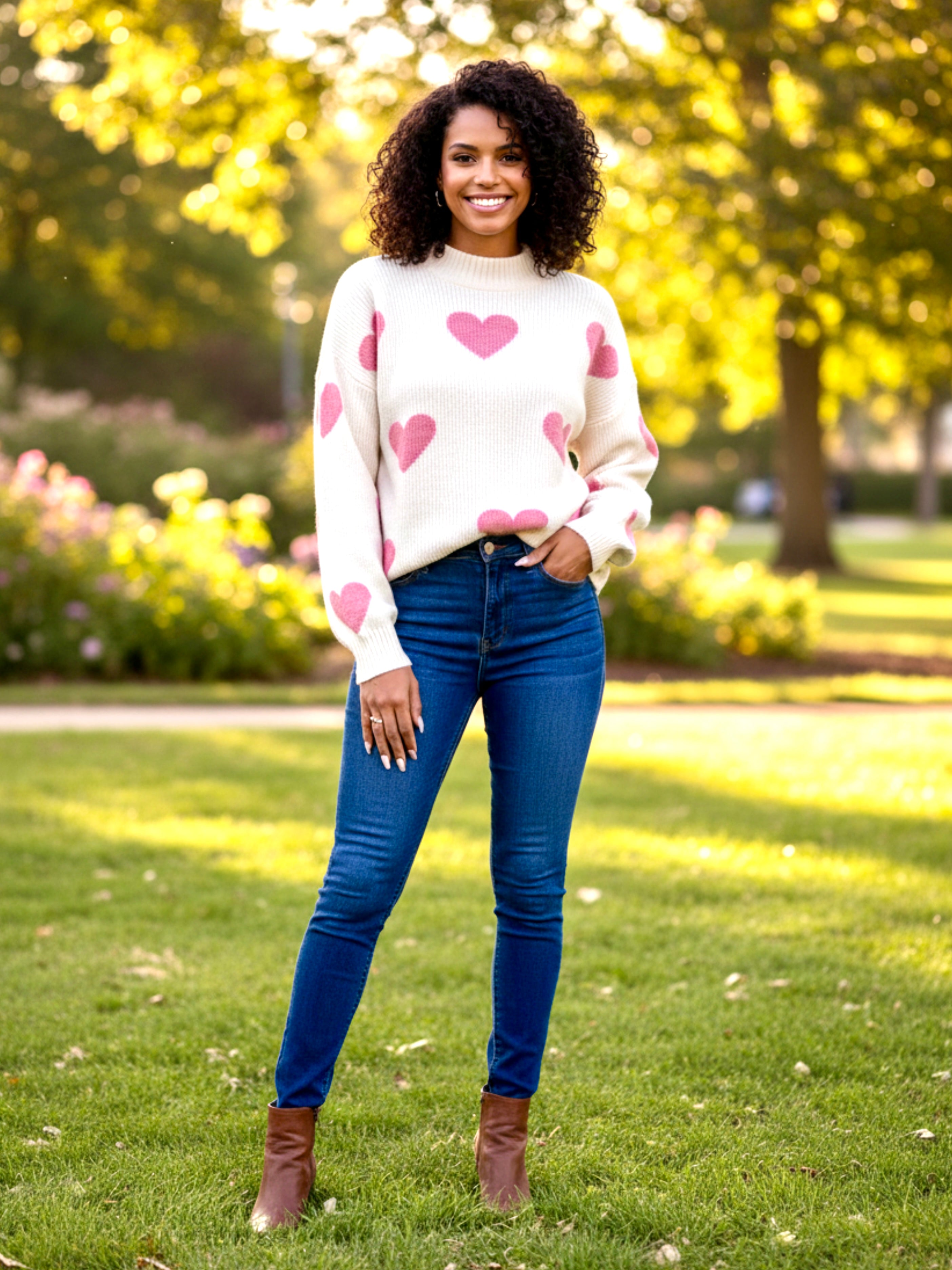 Heart Mock Neck Long Sleeve Sweater