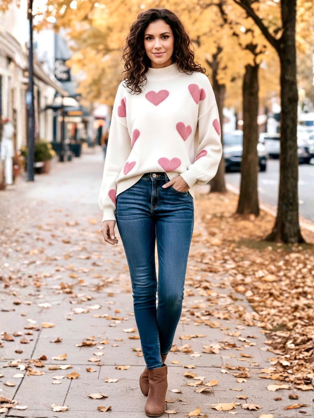 Heart Mock Neck Long Sleeve Sweater