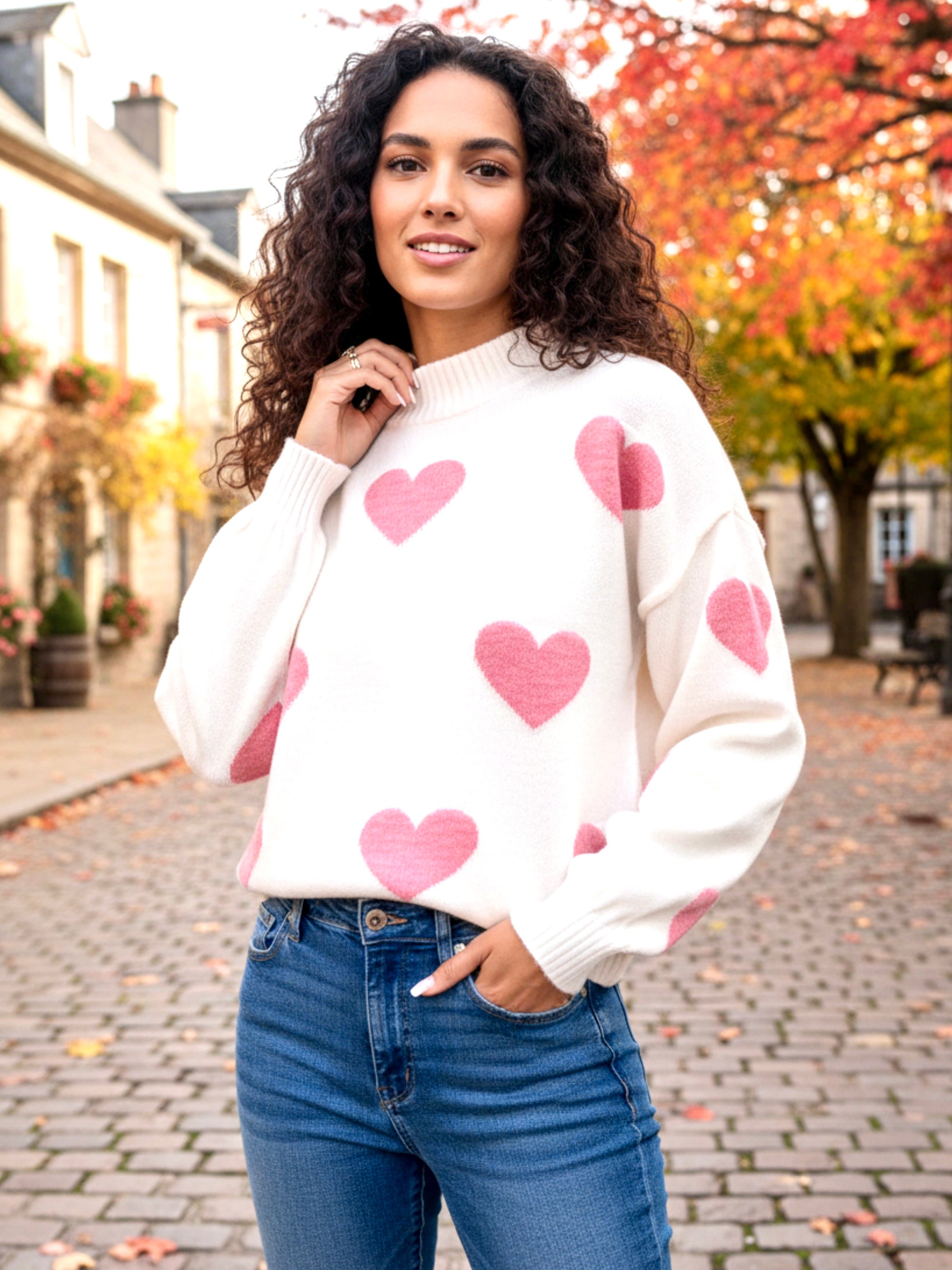 Heart Mock Neck Long Sleeve Sweater
