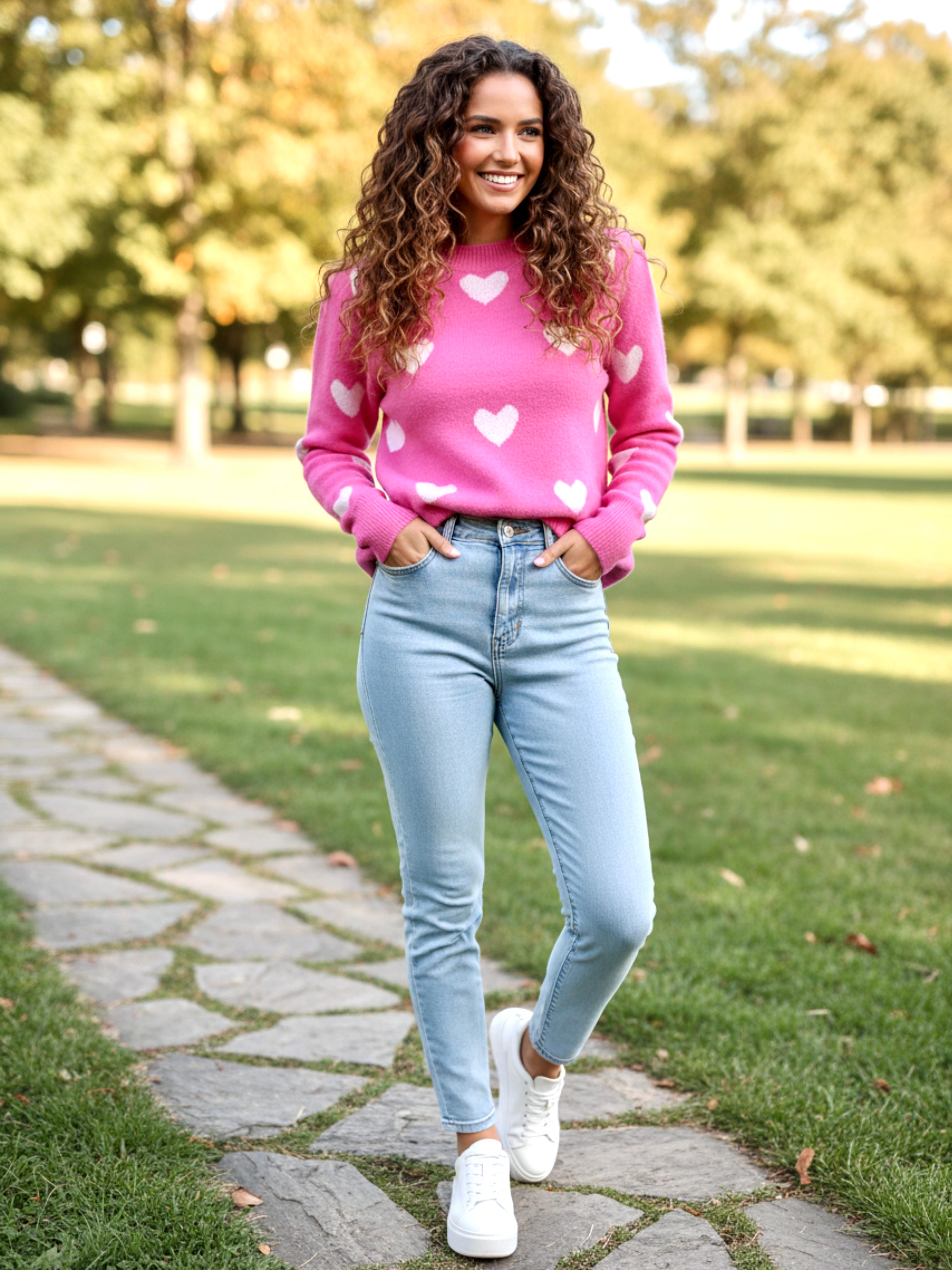 Heart Pattern Round Neck Sweater