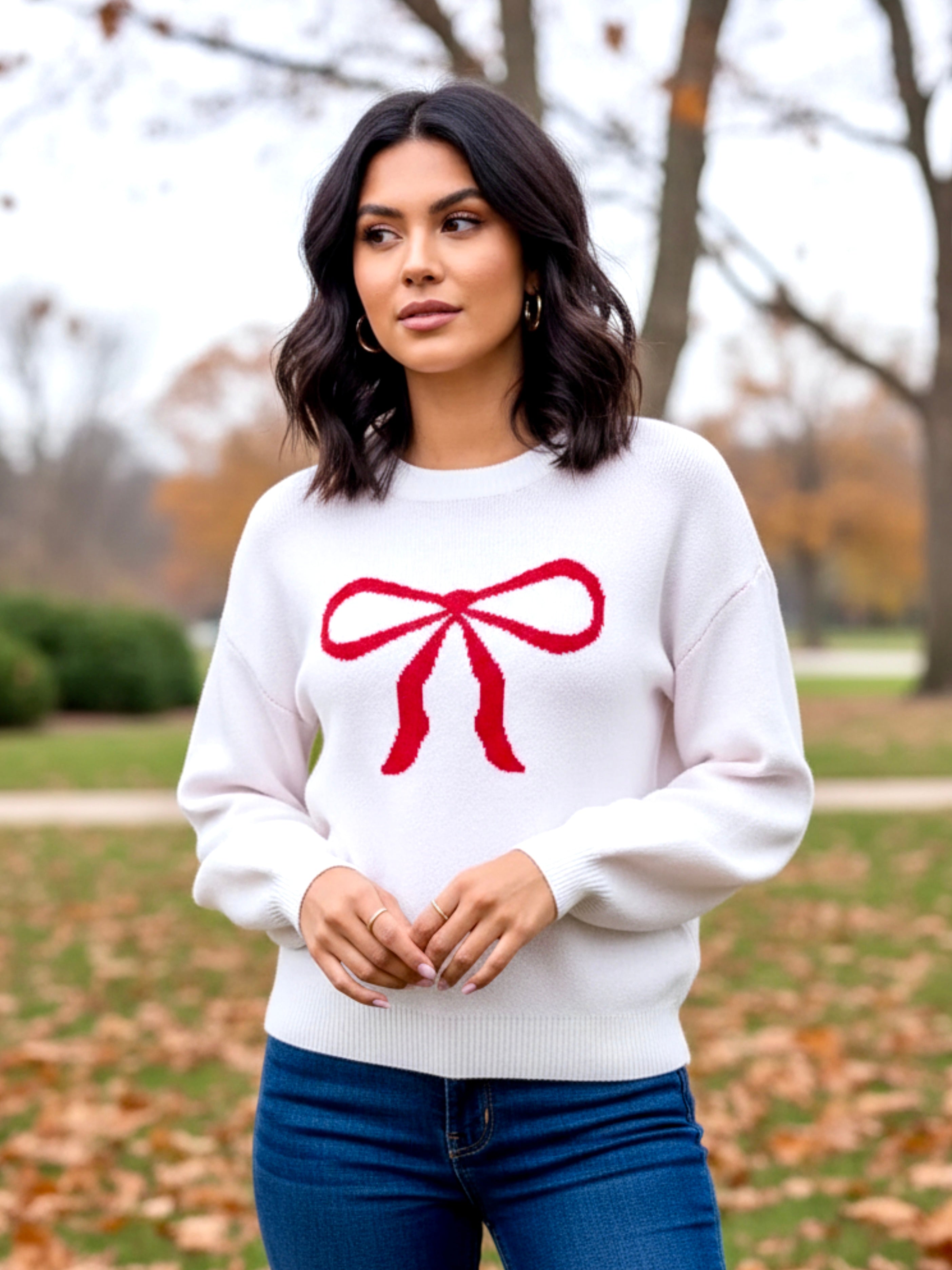 Angel Wings Bow Graphic Round Neck Long Sleeve Sweater