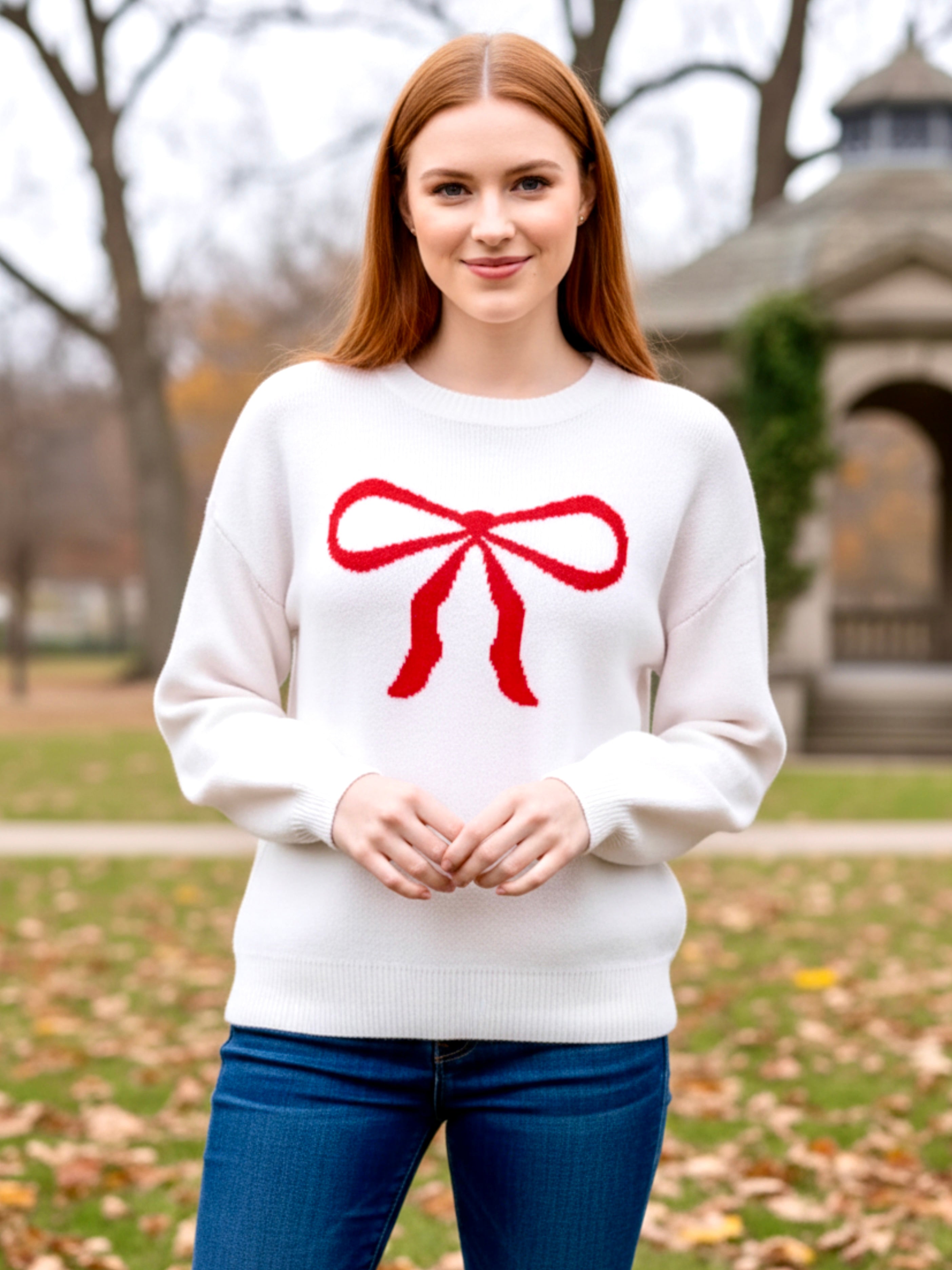 Angel Wings Bow Graphic Round Neck Long Sleeve Sweater