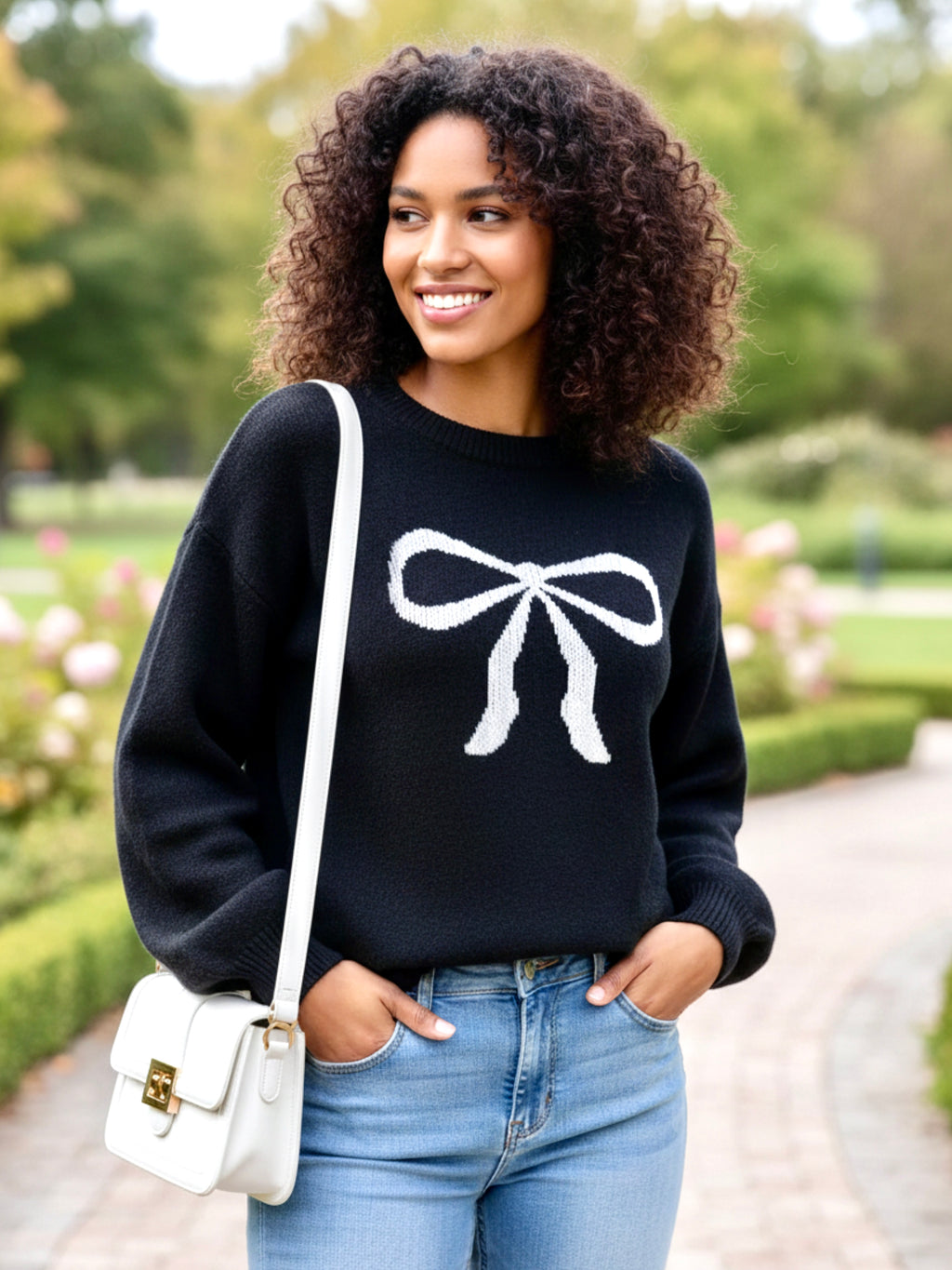Angel Wings Bow Graphic Round Neck Long Sleeve Sweater