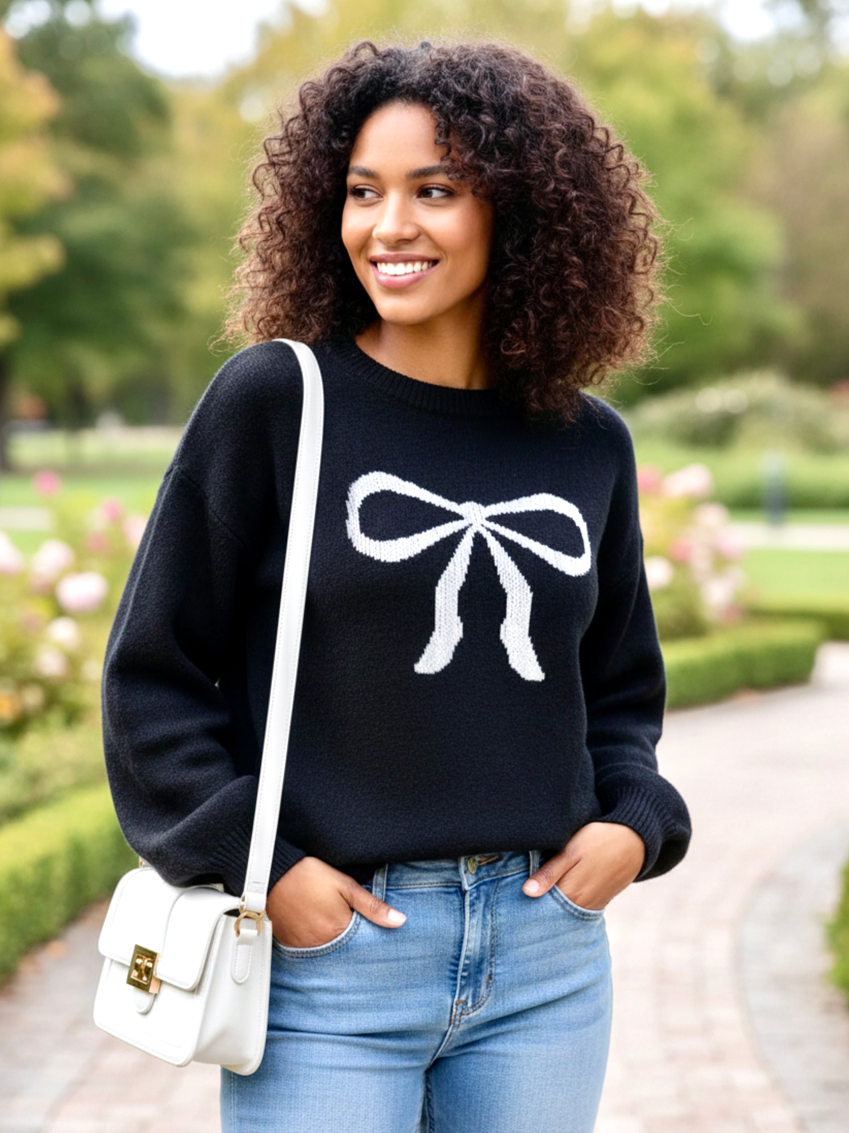 Angel Wings Bow Graphic Round Neck Long Sleeve Sweater