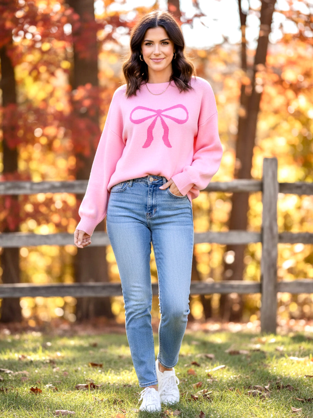 Angel Wings Bow Graphic Round Neck Long Sleeve Sweater