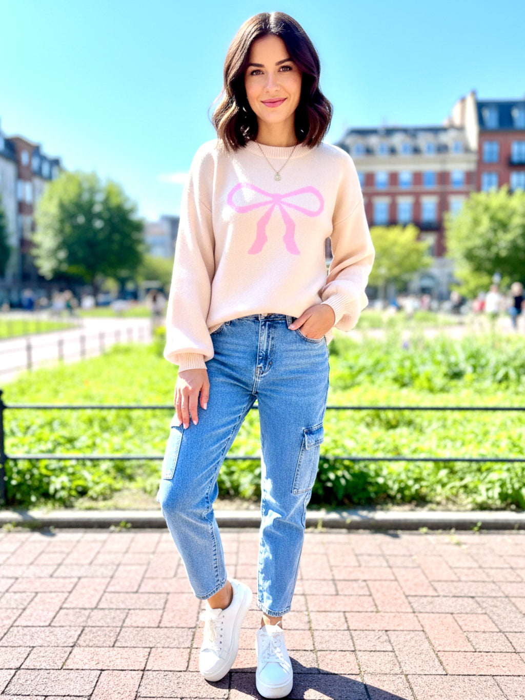 Angel Wings Bow Graphic Round Neck Long Sleeve Sweater