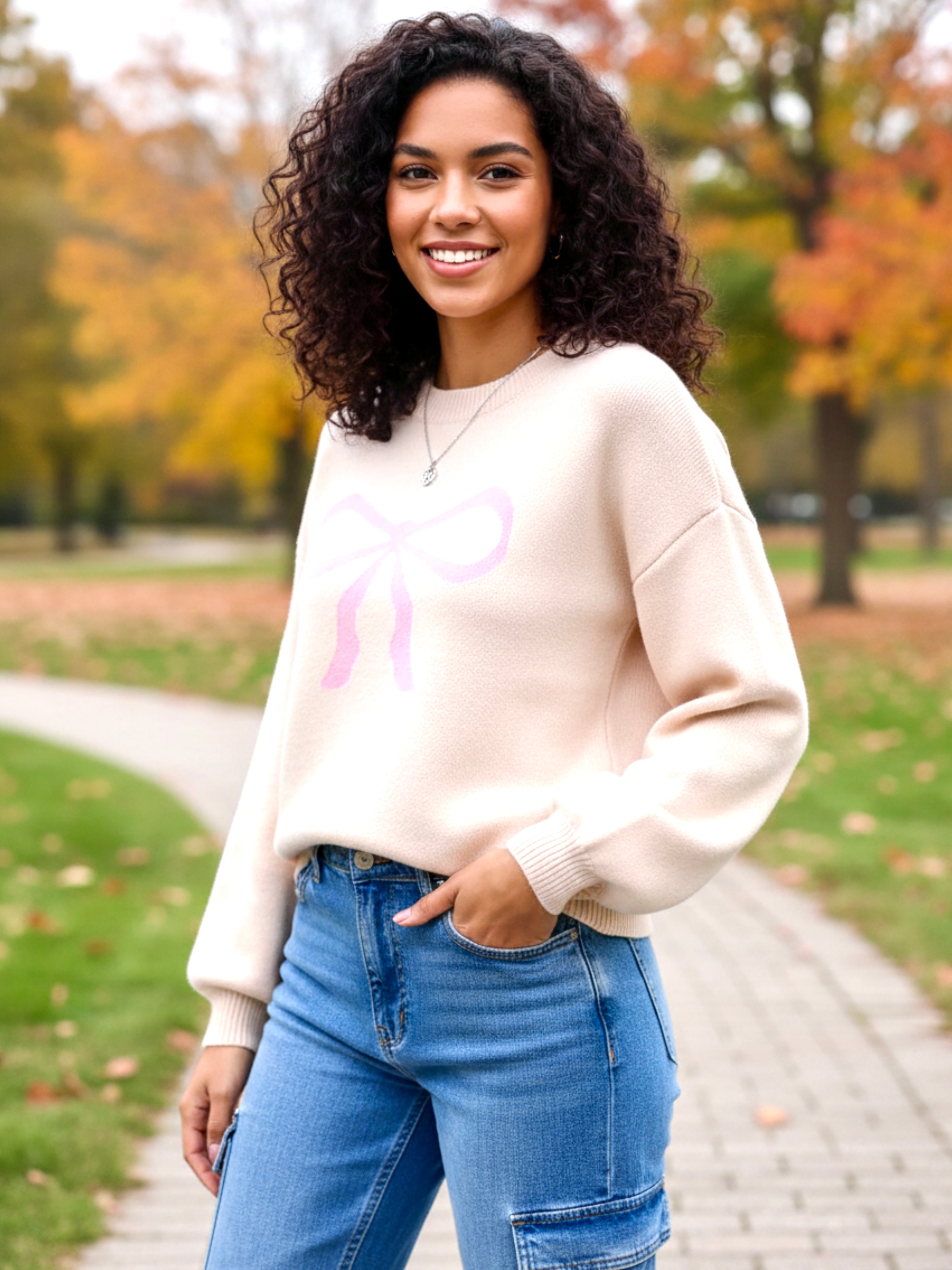 Angel Wings Bow Graphic Round Neck Long Sleeve Sweater