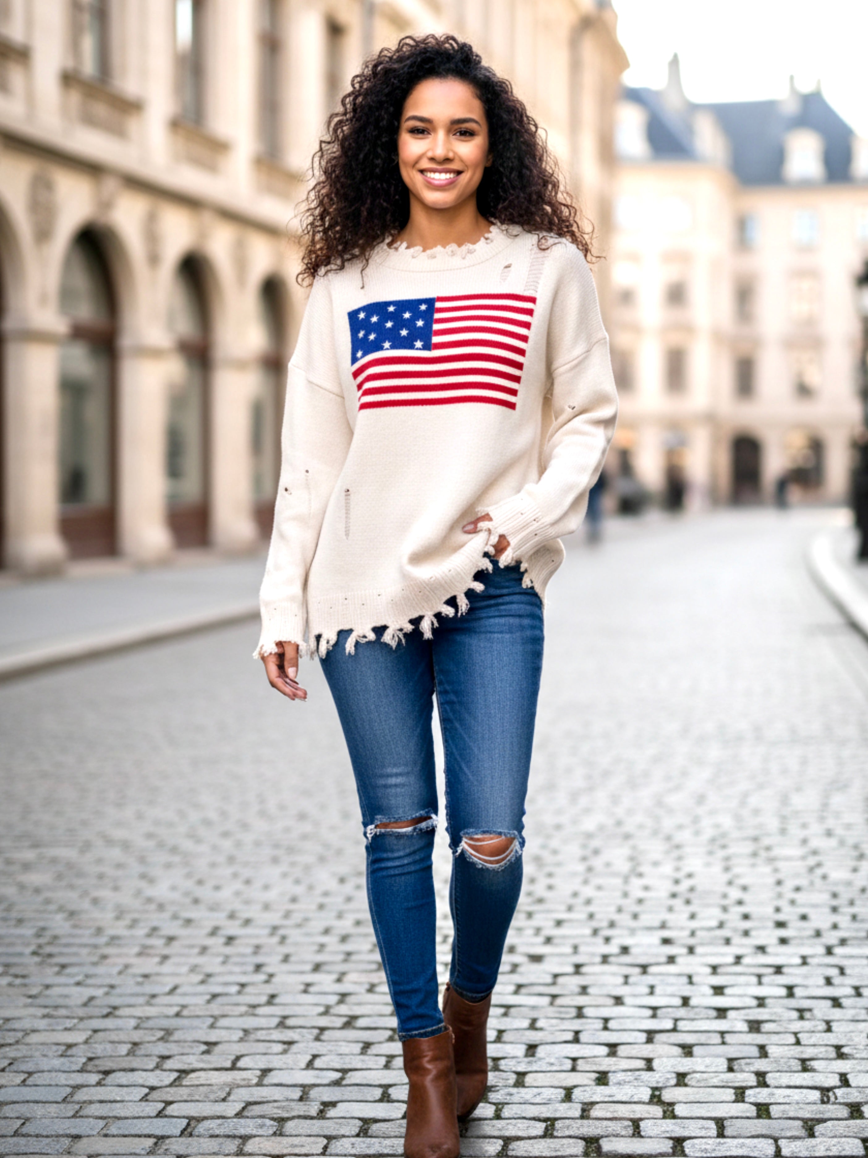 US Flag Distressed Round Neck Long Sleeve Sweater