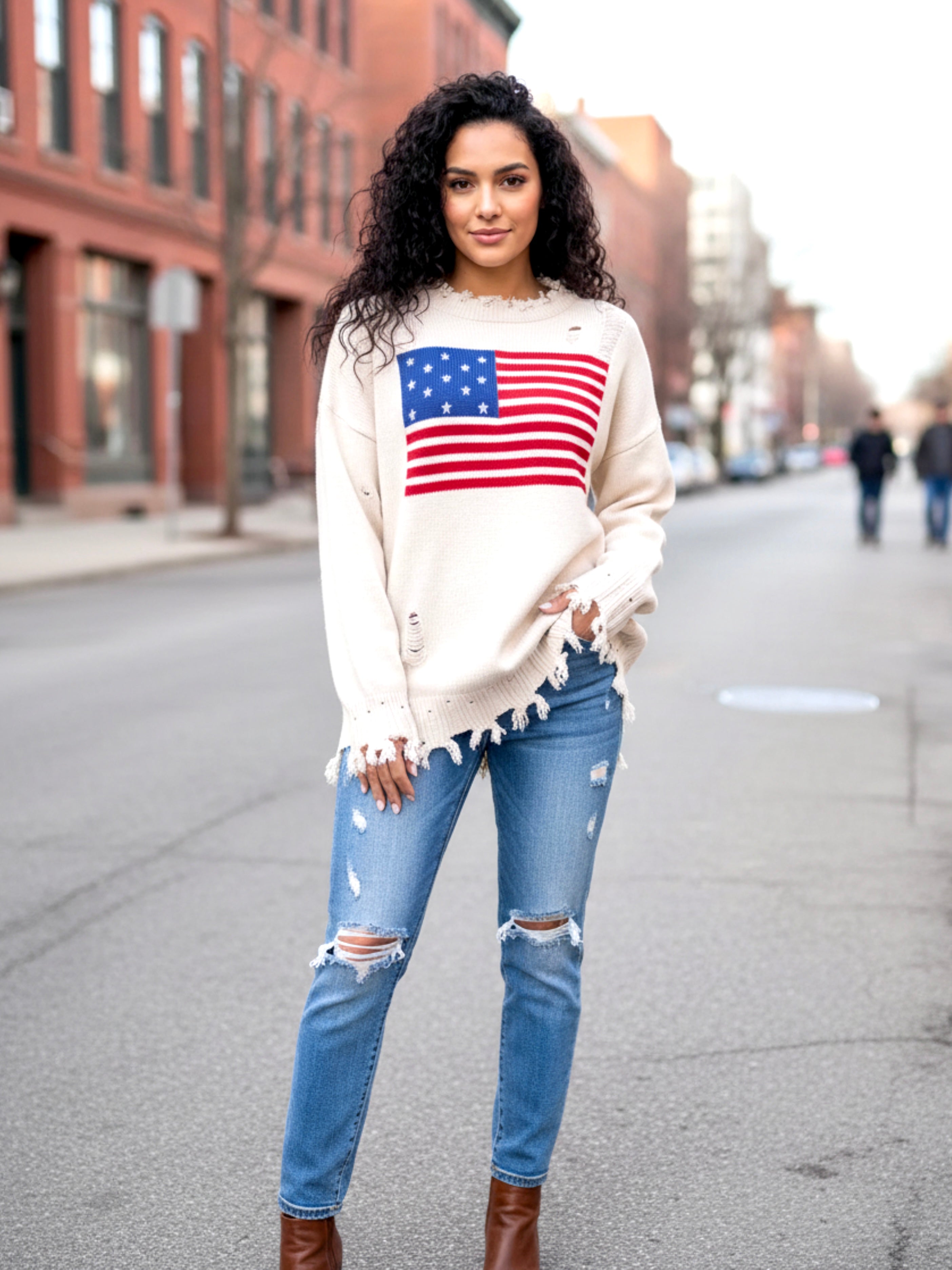 US Flag Distressed Round Neck Long Sleeve Sweater