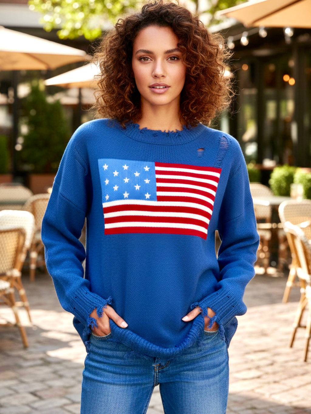 US Flag Distressed Round Neck Long Sleeve Sweater