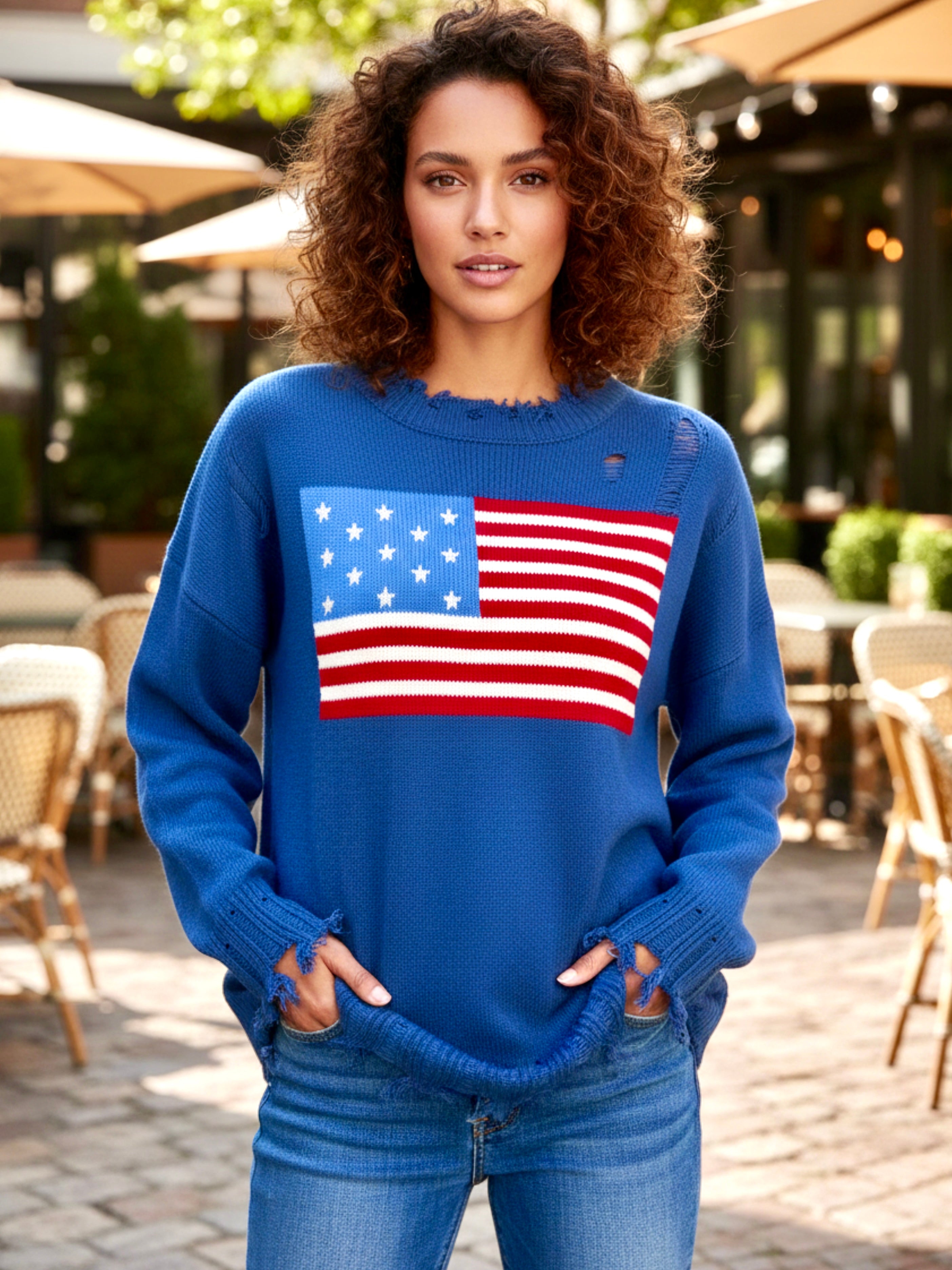 US Flag Distressed Round Neck Long Sleeve Sweater