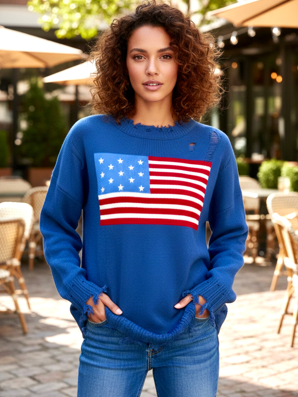 US Flag Distressed Round Neck Long Sleeve Sweater