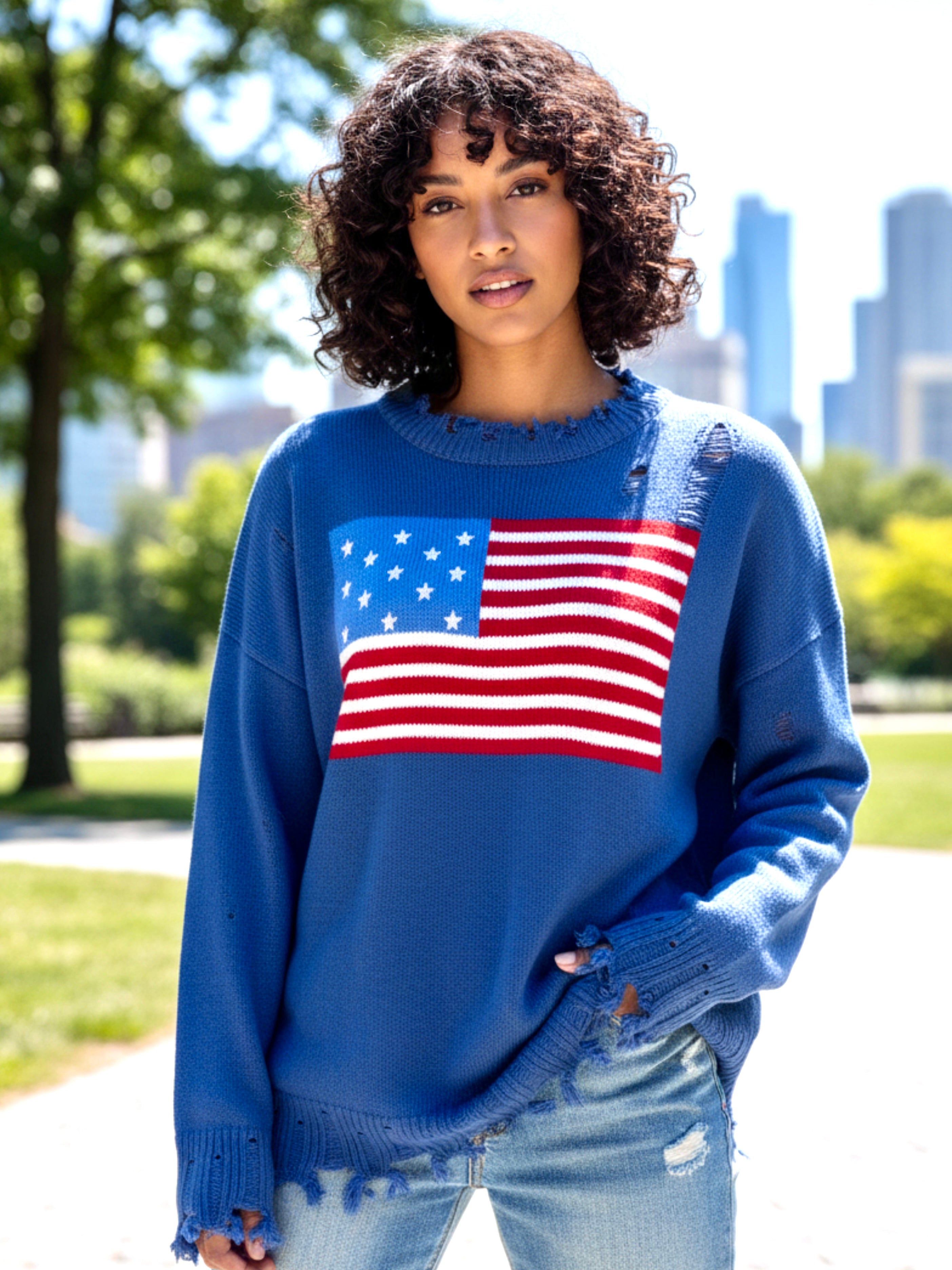 US Flag Distressed Round Neck Long Sleeve Sweater