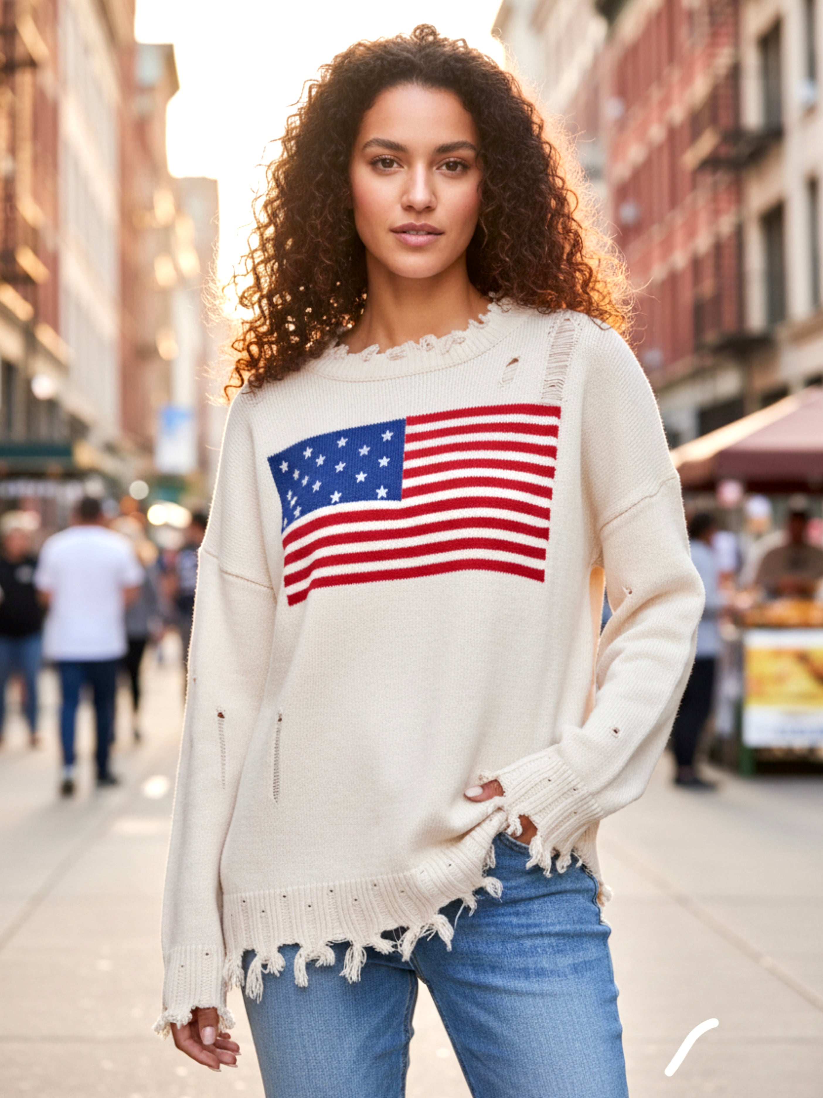 US Flag Distressed Round Neck Long Sleeve Sweater