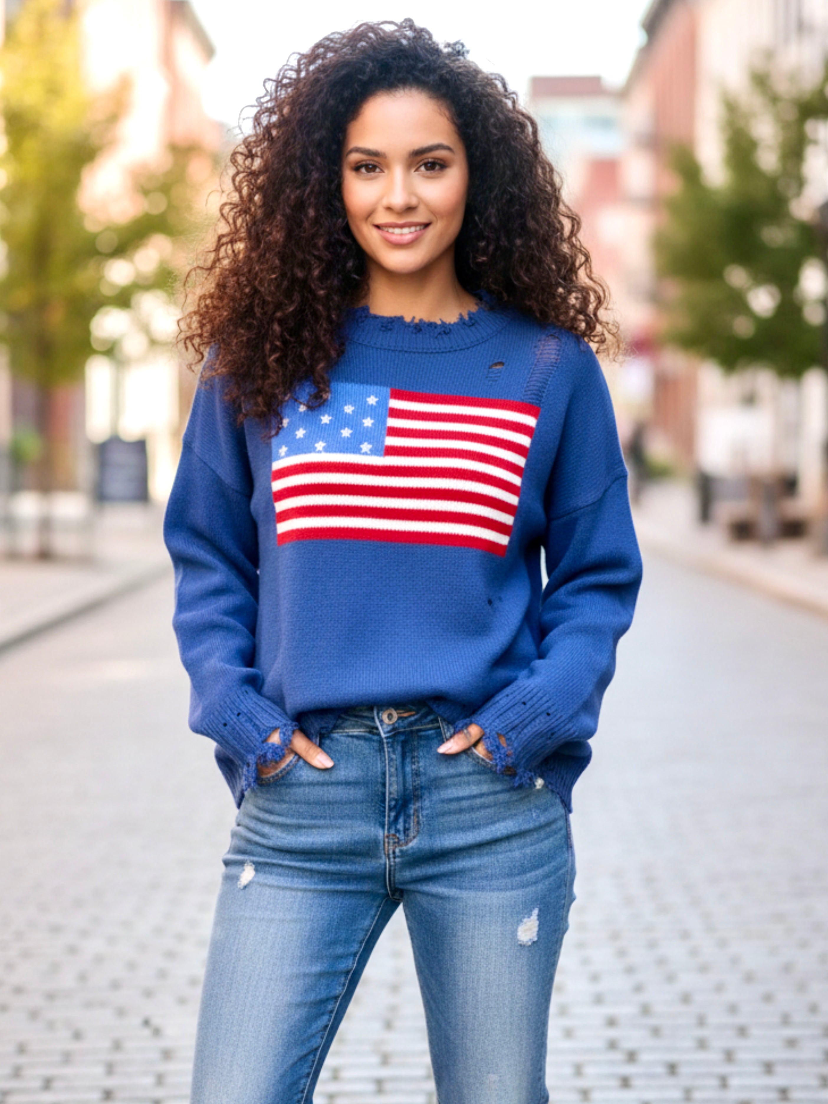 US Flag Distressed Round Neck Long Sleeve Sweater