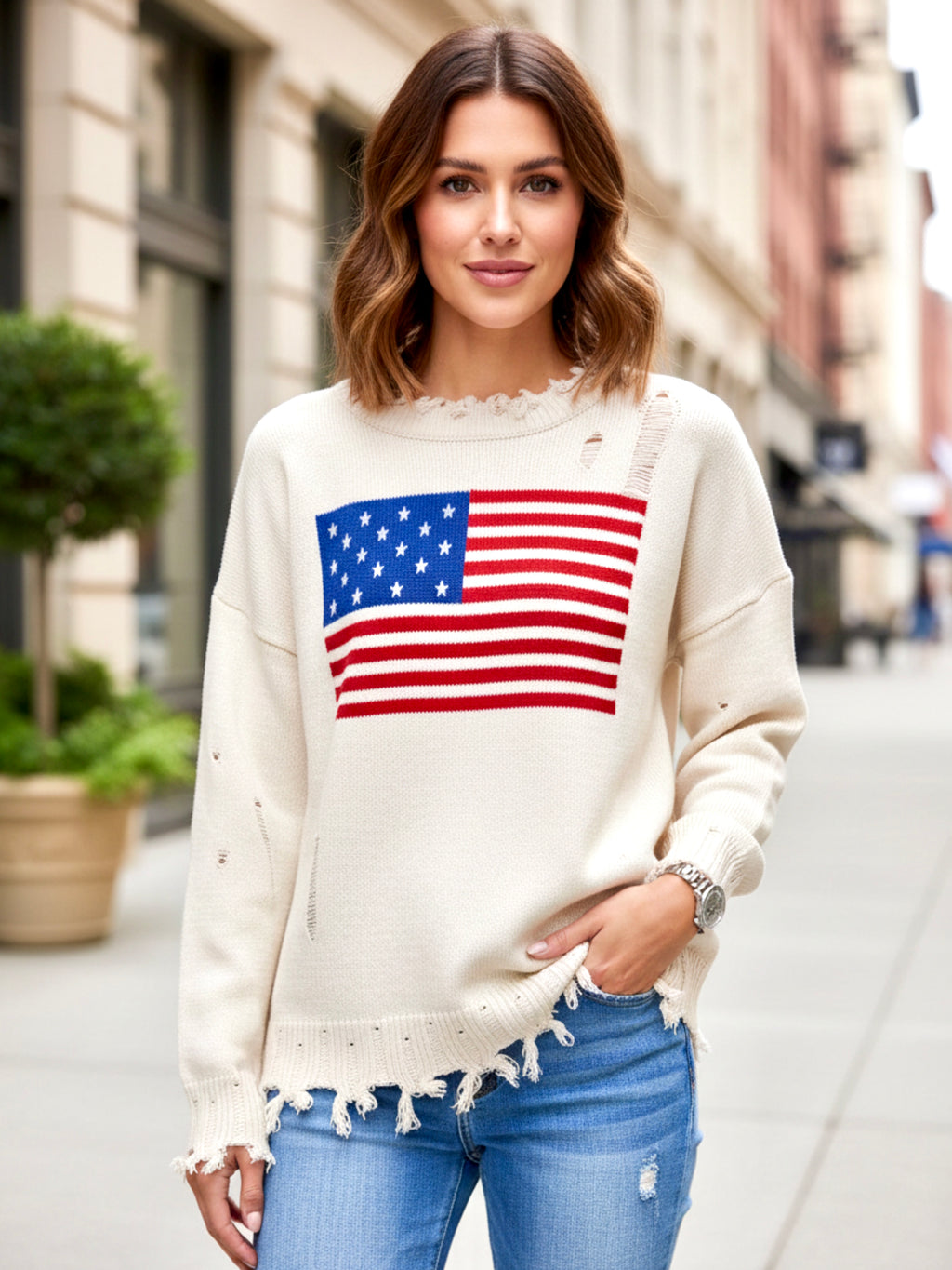 US Flag Distressed Round Neck Long Sleeve Sweater