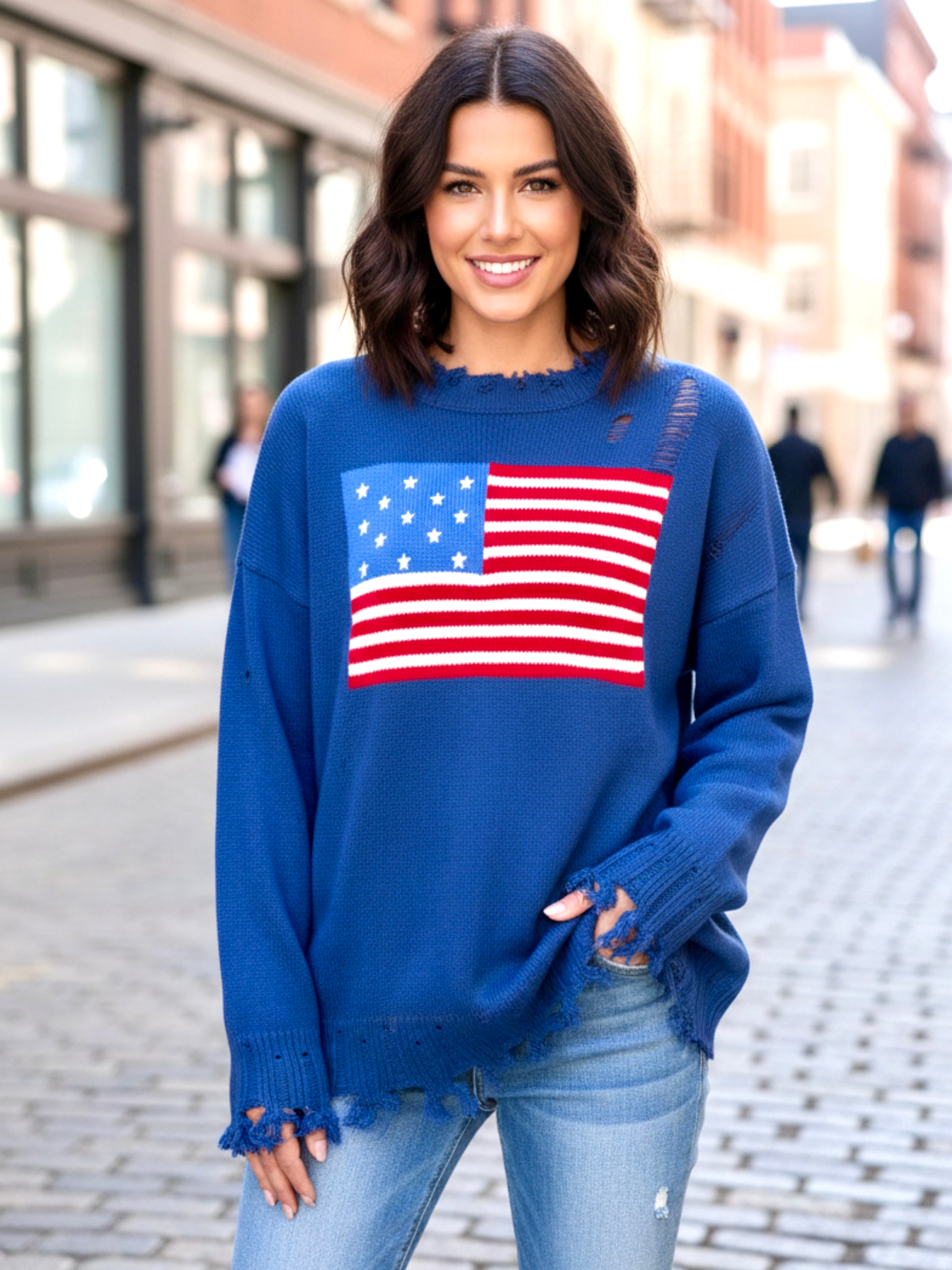 US Flag Distressed Round Neck Long Sleeve Sweater
