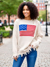 US Flag Distressed Round Neck Long Sleeve Sweater