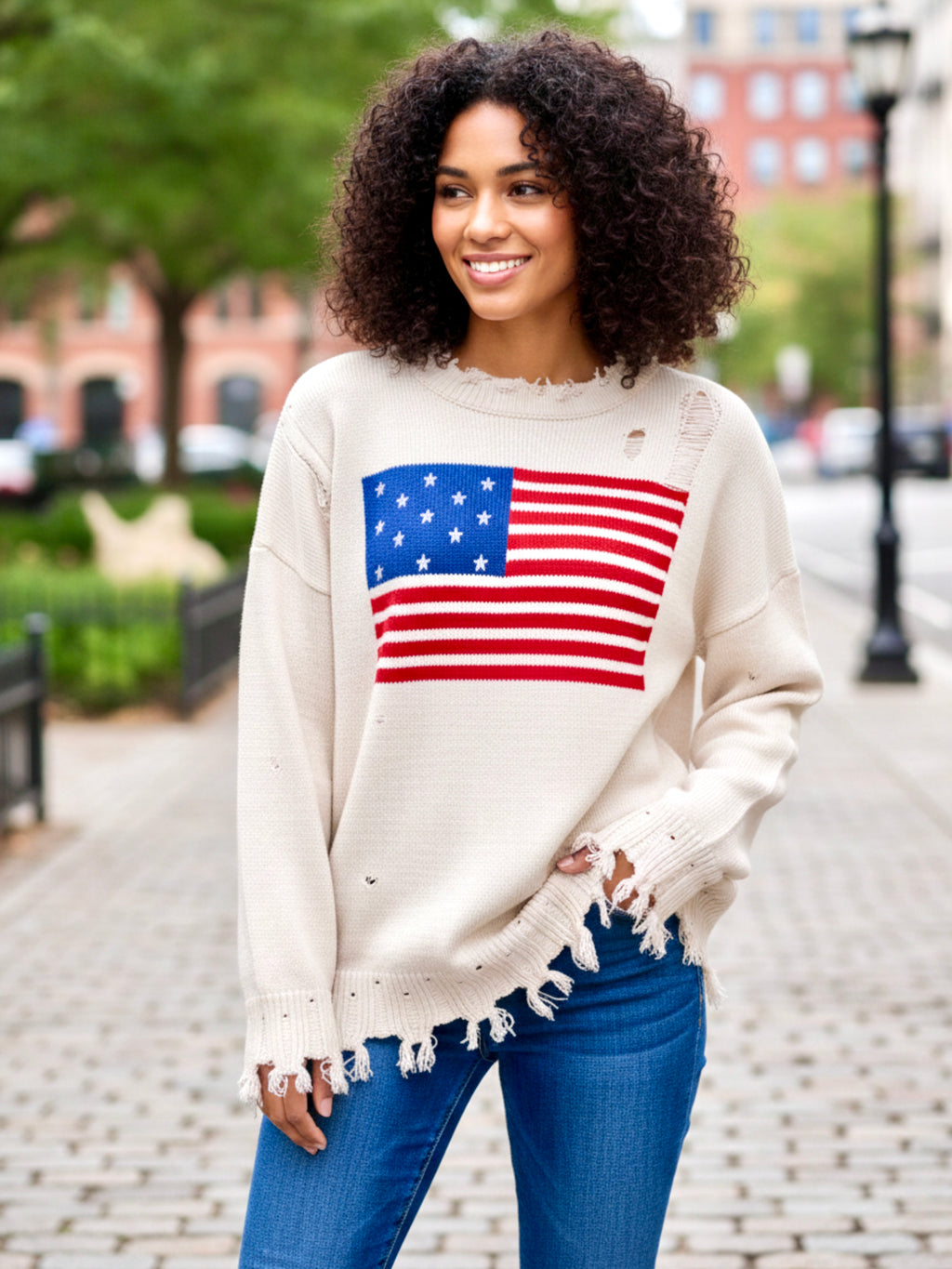 US Flag Distressed Round Neck Long Sleeve Sweater