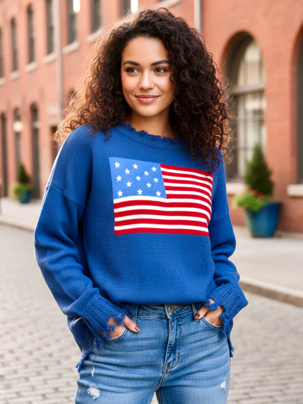 US Flag Distressed Round Neck Long Sleeve Sweater