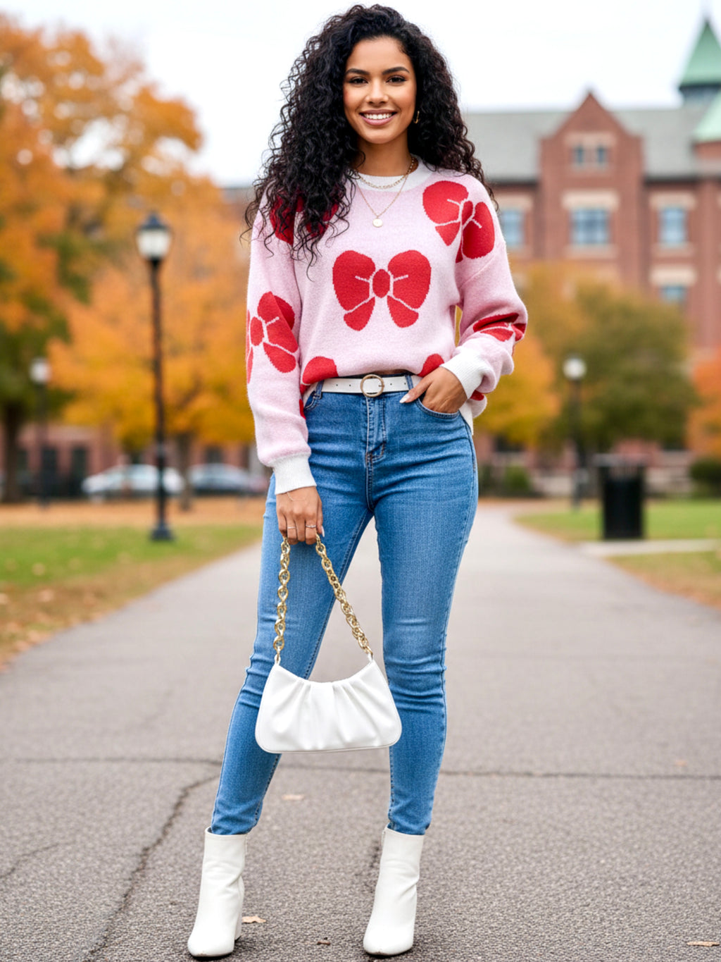 Angel Wings Bow Round Neck Dropped Shoulder Sweater