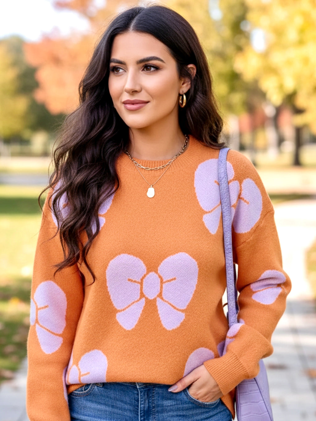 Angel Wings Bow Round Neck Dropped Shoulder Sweater
