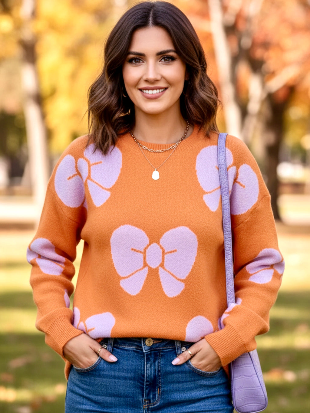 Angel Wings Bow Round Neck Dropped Shoulder Sweater