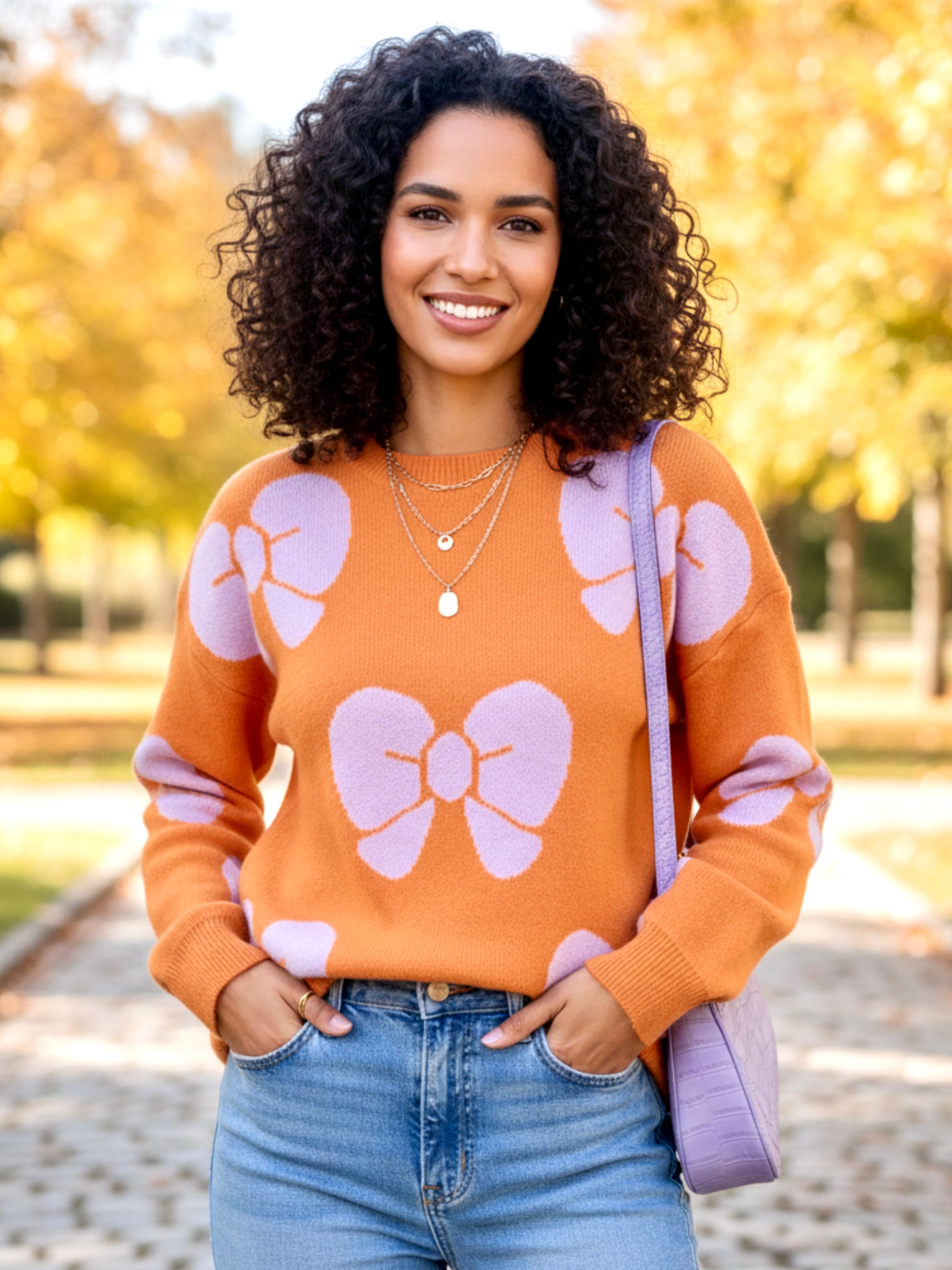 Angel Wings Bow Round Neck Dropped Shoulder Sweater