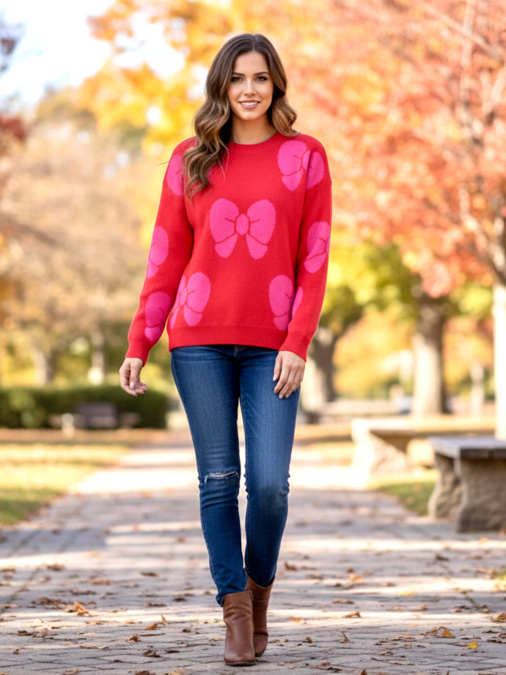 Angel Wings Bow Round Neck Dropped Shoulder Sweater