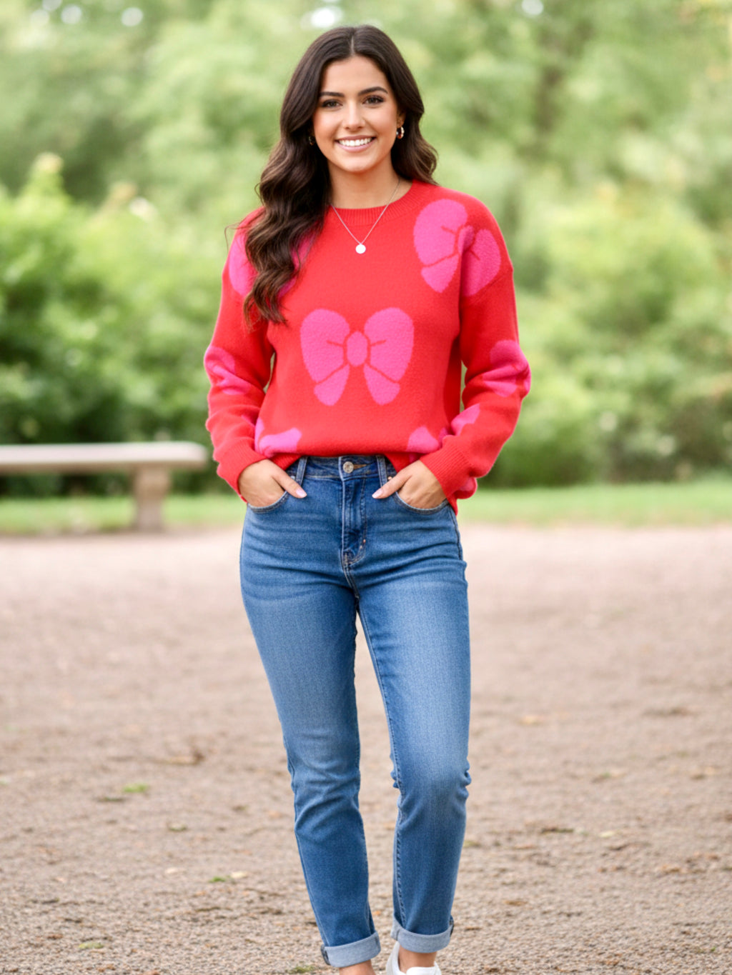Angel Wings Bow Round Neck Dropped Shoulder Sweater
