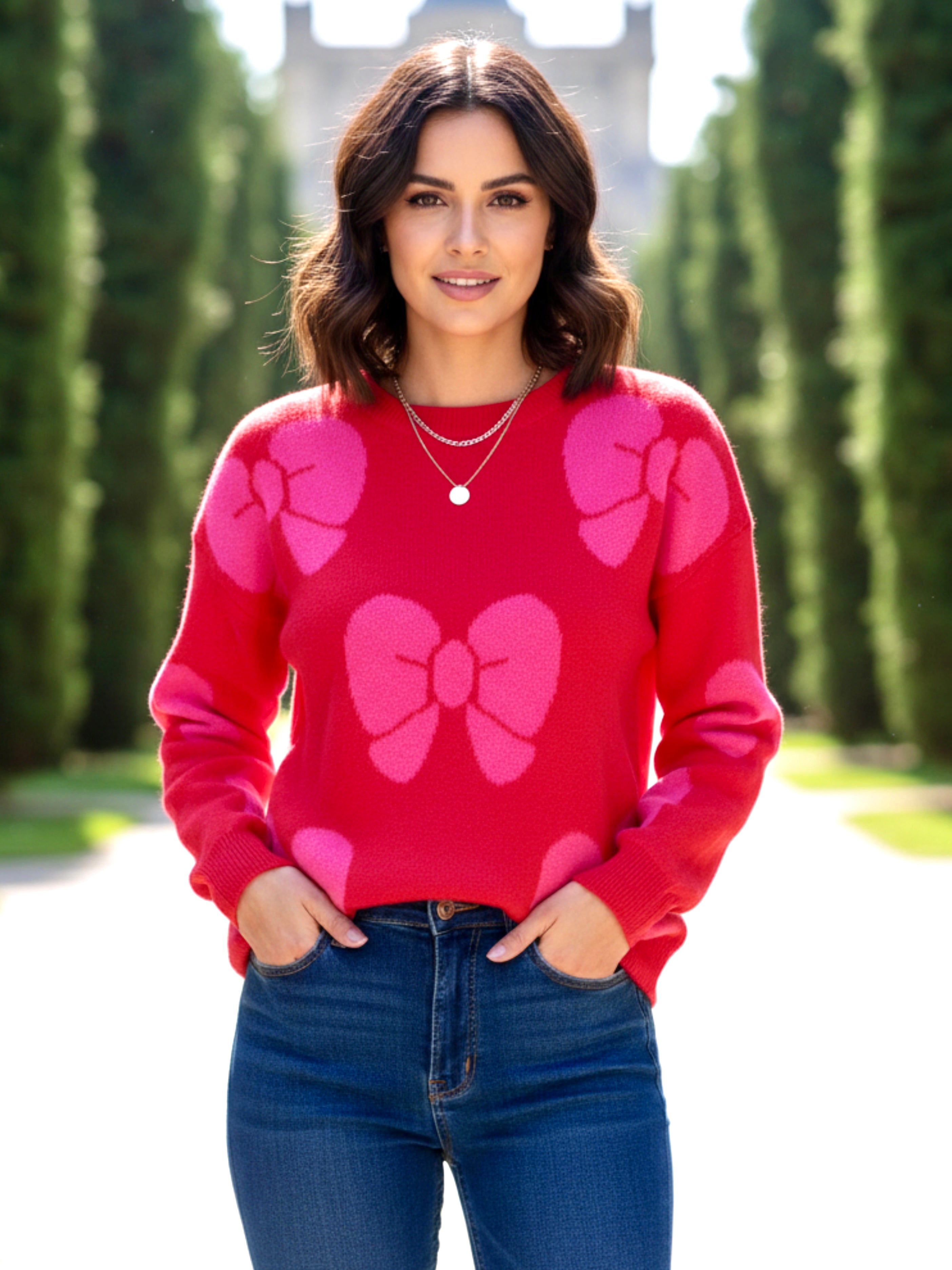 Angel Wings Bow Round Neck Dropped Shoulder Sweater