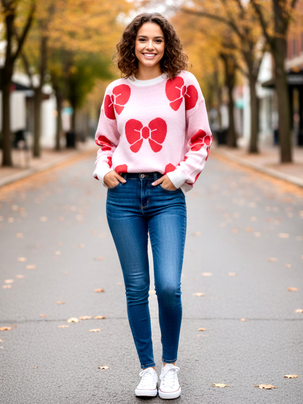 Angel Wings Bow Round Neck Dropped Shoulder Sweater