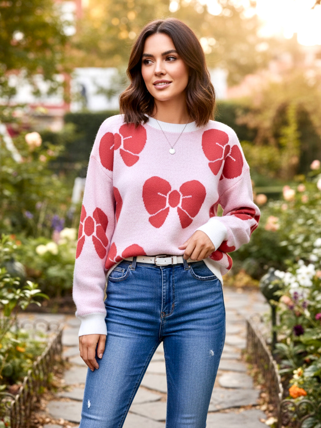 Angel Wings Bow Round Neck Dropped Shoulder Sweater