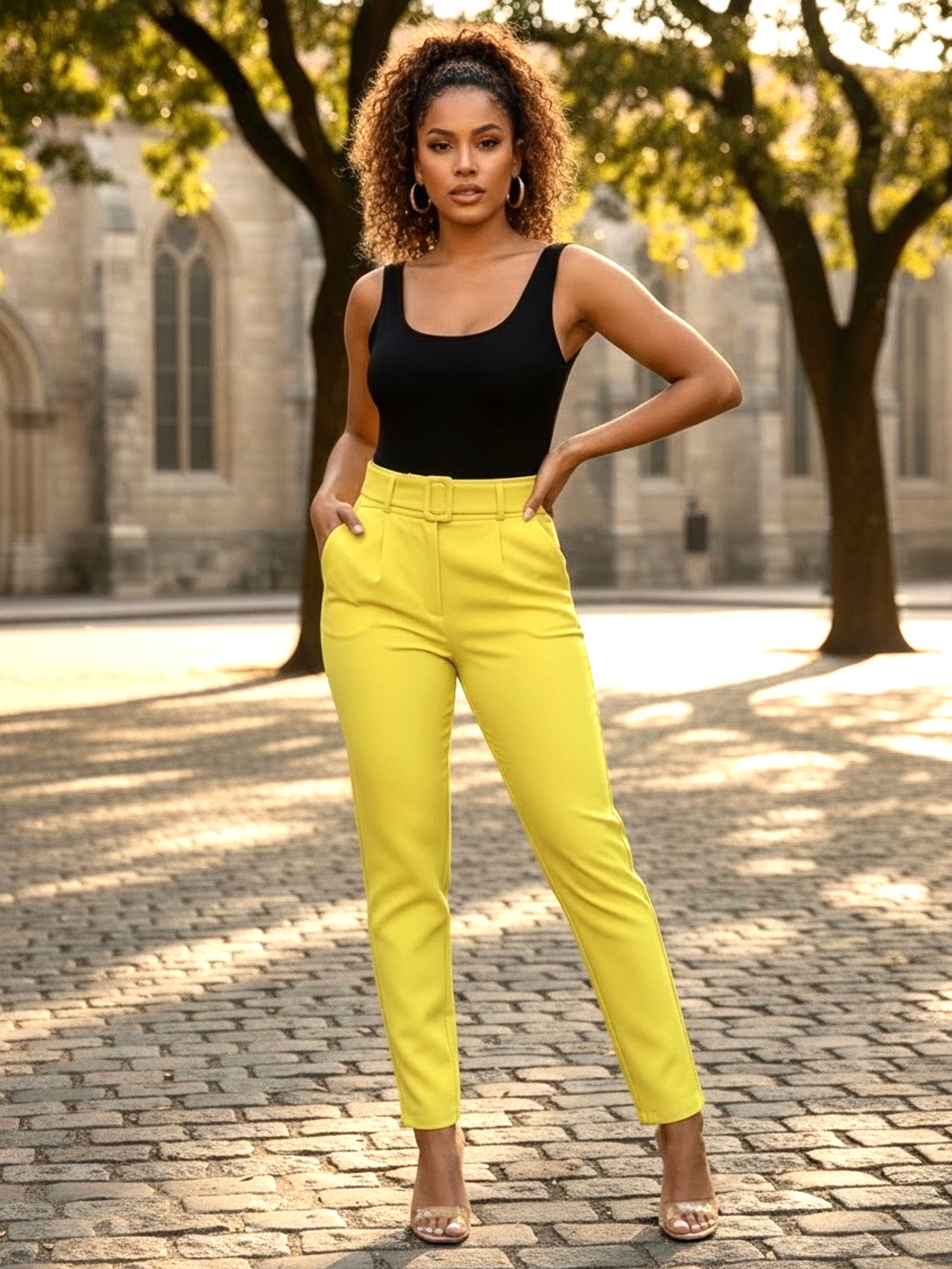 Women Ankle Slim Fit Cigarette Pants with Belt