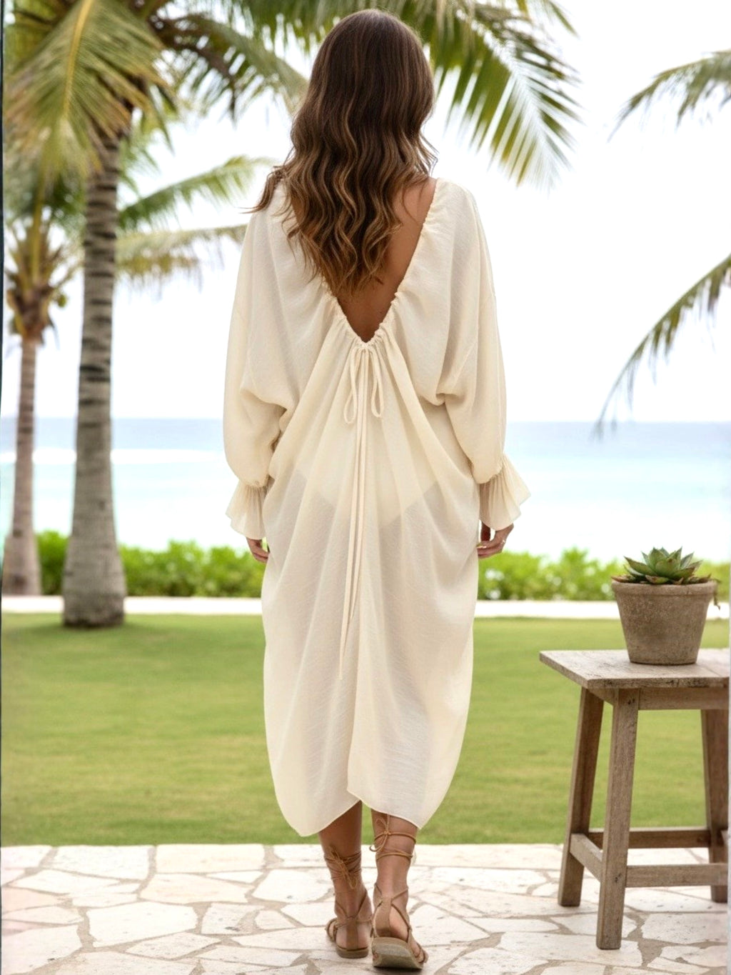 Backless Drawstring Back Flounce Sleeve Cover-Up