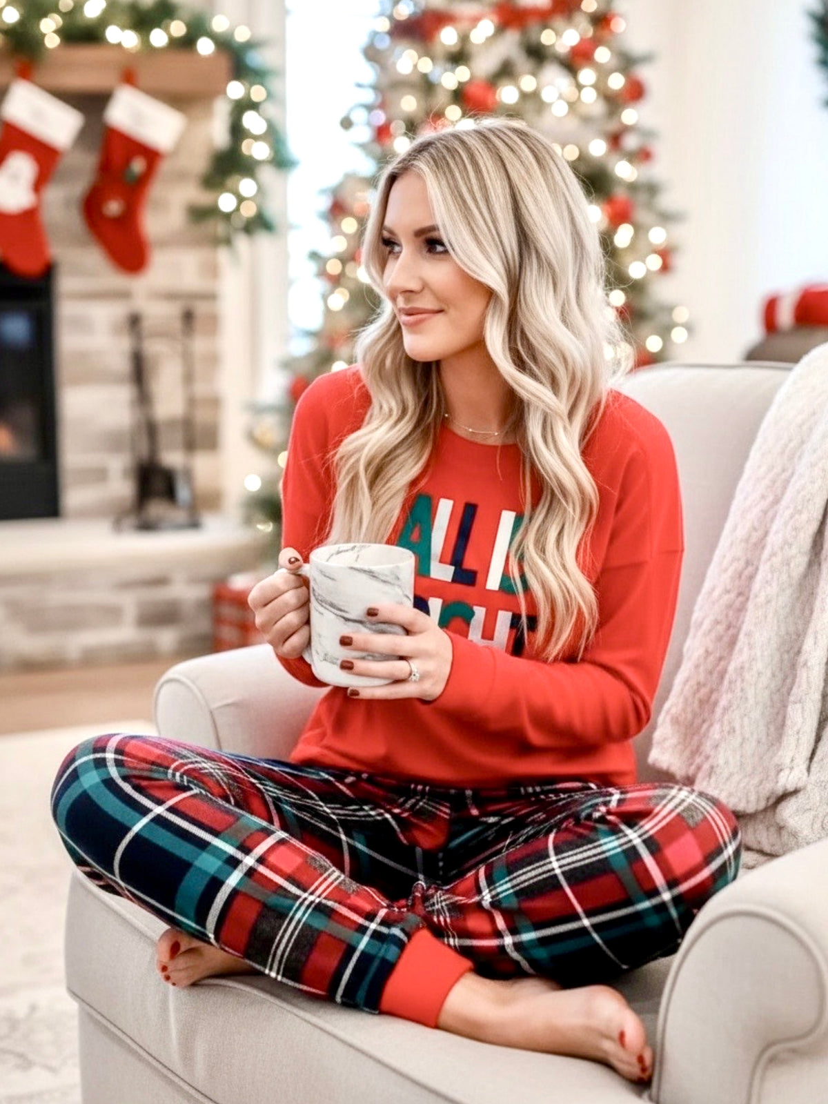 ALL IS BRIGHT Graphic Christmas Plaid Pajamas Set