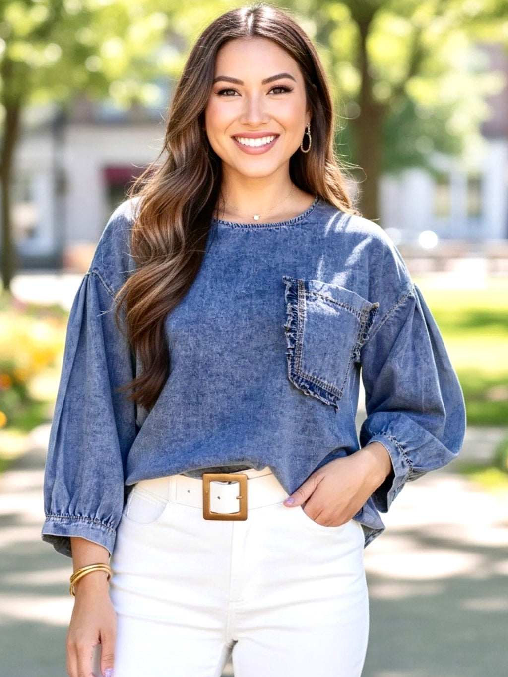 3/4 Sleeve Ruffled Patched Pocket Denim Blouse