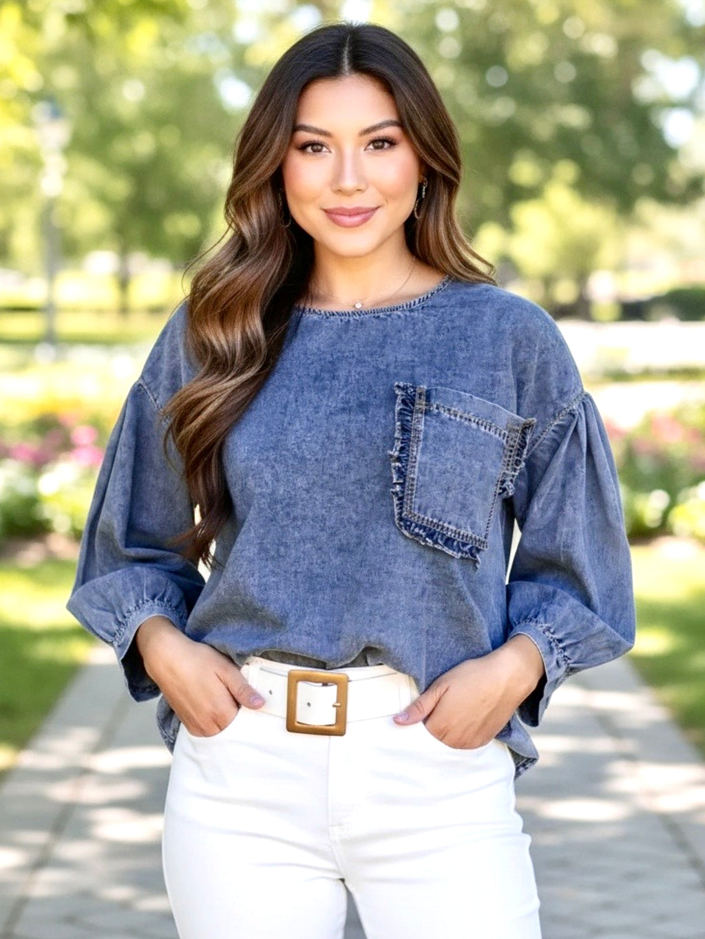 3/4 Sleeve Ruffled Patched Pocket Denim Blouse