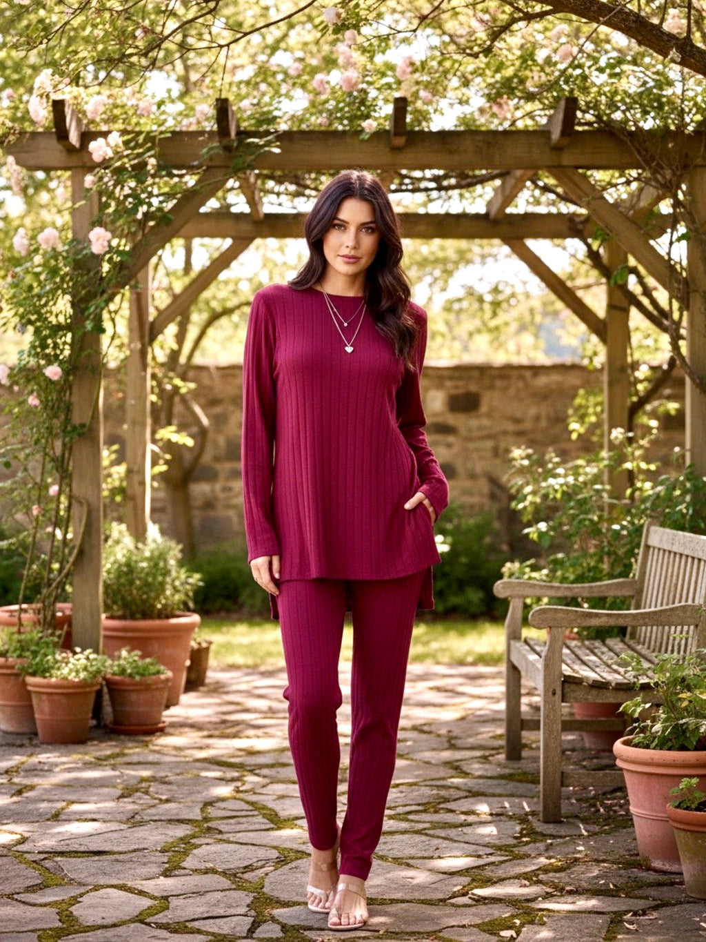 Basic Bae Full Size Ribbed Round Neck High-Low Slit Top and Pants Set