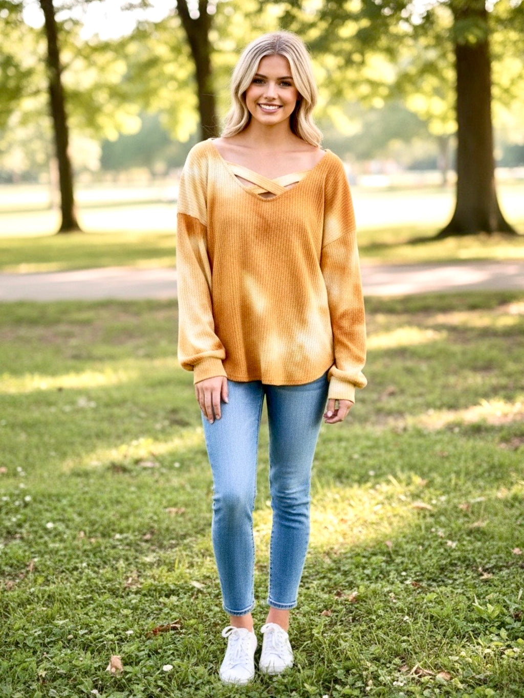 BiBi Tie Dye Thermal Waffle V Neck Top With Caged Neck