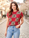 Red Leopard Checkerboard Short Sleeve Knit Sweater