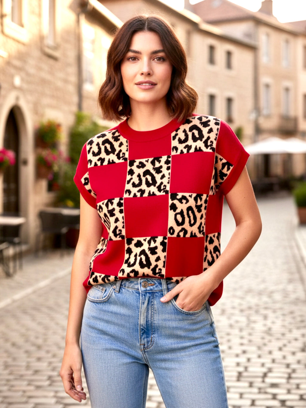 Red Leopard Checkerboard Short Sleeve Knit Sweater