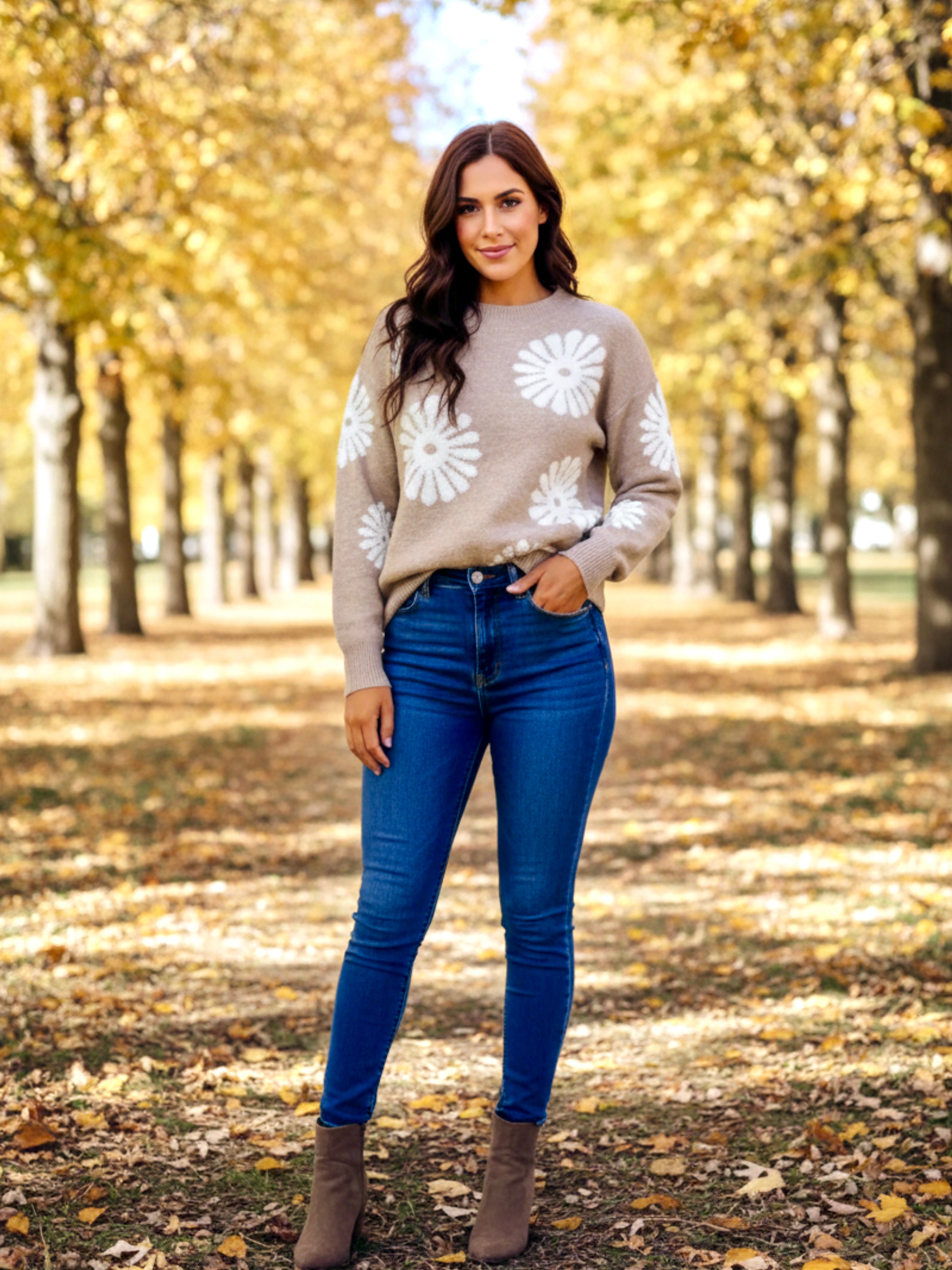 Perfee Flower Round Neck Long Sleeve Sweater