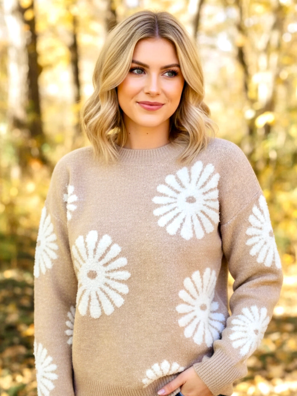 Perfee Flower Round Neck Long Sleeve Sweater